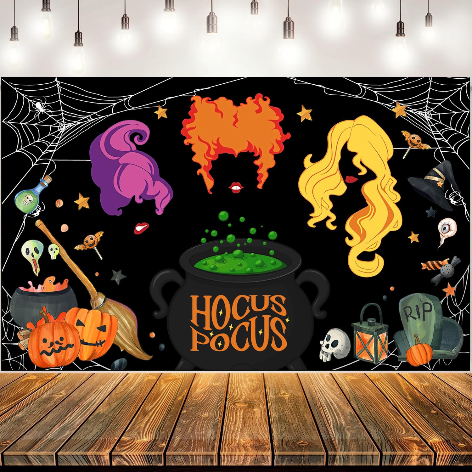 Hocus Pocus Halloween Party Backdrop Banner, Black Witch Theme Photo Background with Cauldron, Pumpkin, Spider Web Design, 44x72 Inches, Indoor Outdoor Decoration