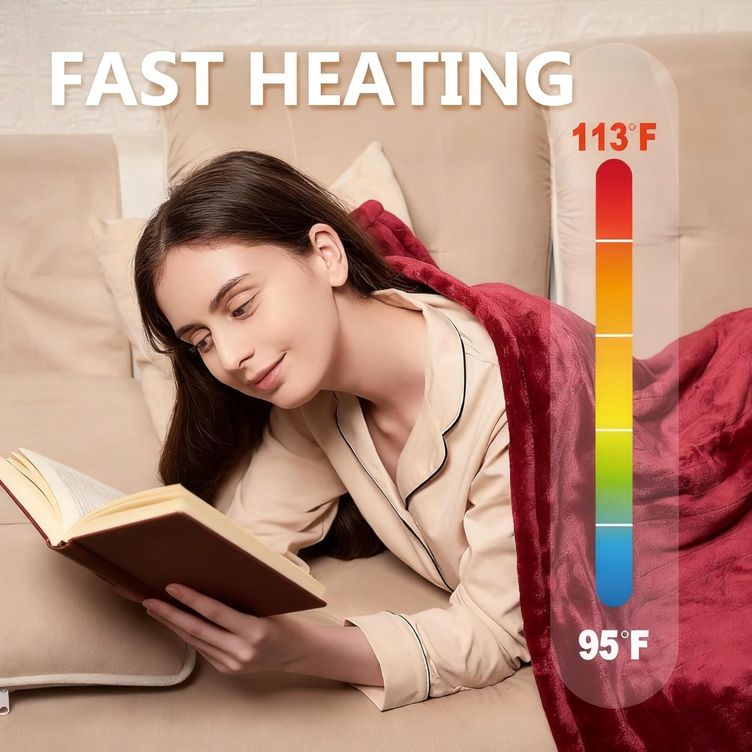 Tefici Electric Heated Blanket Throw, Super Cozy Soft 2-Layer Flannel 50" x 60" Heated Throw with 3 Heating Levels & 4 Hours Auto Off, Machine Washable, ETL&FCC Certified, Home Office Use, Red - Image 4