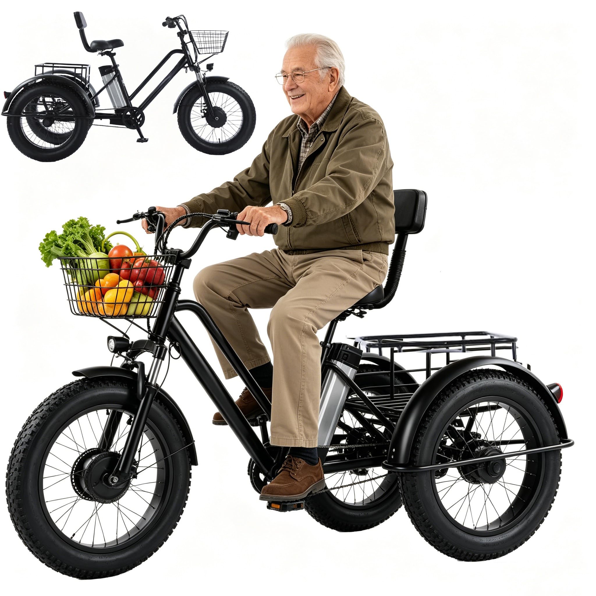 LISTaRSw Motor Adult Electric Trike, 500W 48V Electric Trike, 20" Fat Tire 3 Wheel Electric Bike with Removable Battery, Removable 48V/12Ah Battery - 35km Range, 200kg Maximum Load