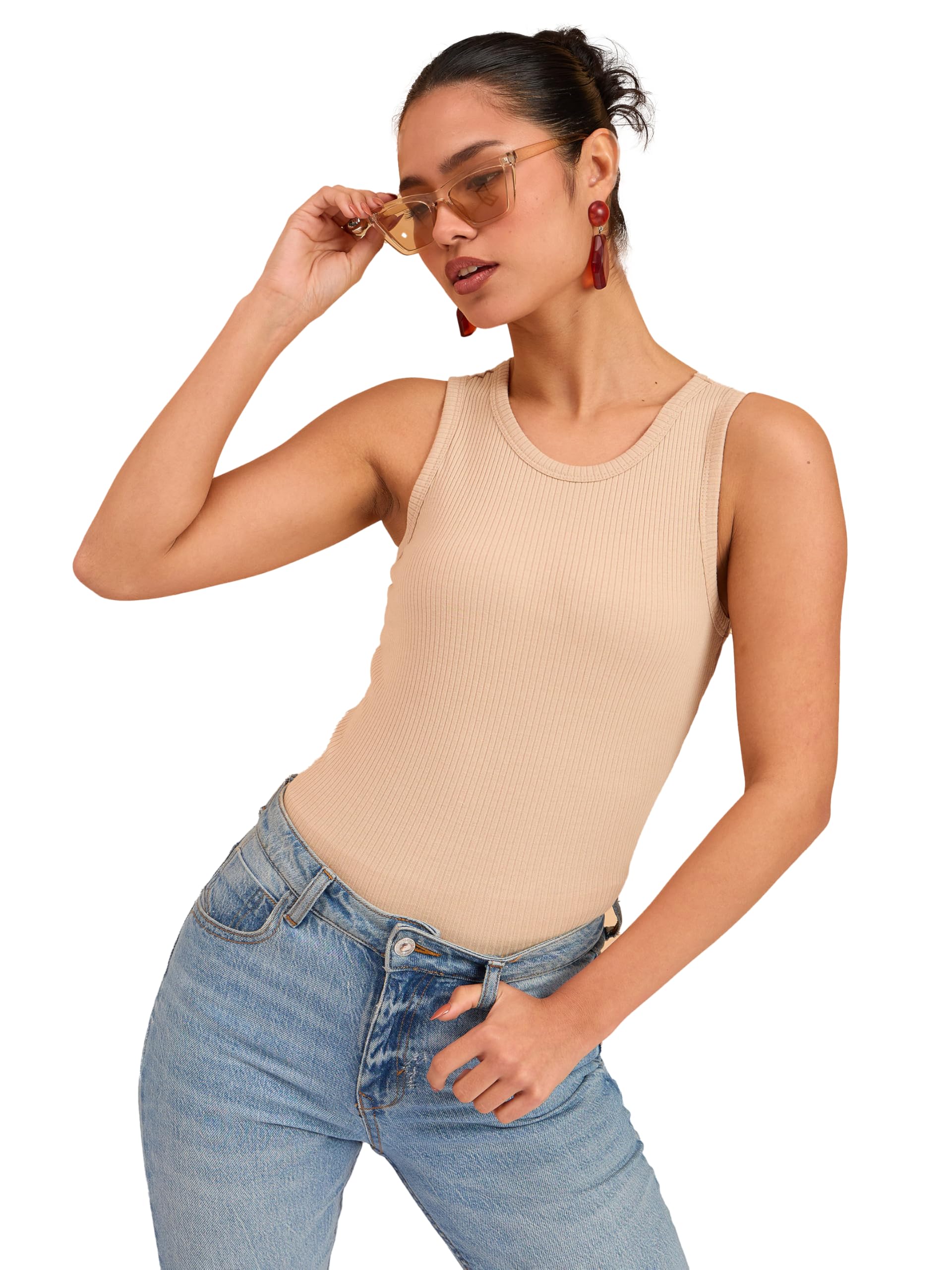 barcino Beige Ribbed Round Neck Tank Top-picture-56