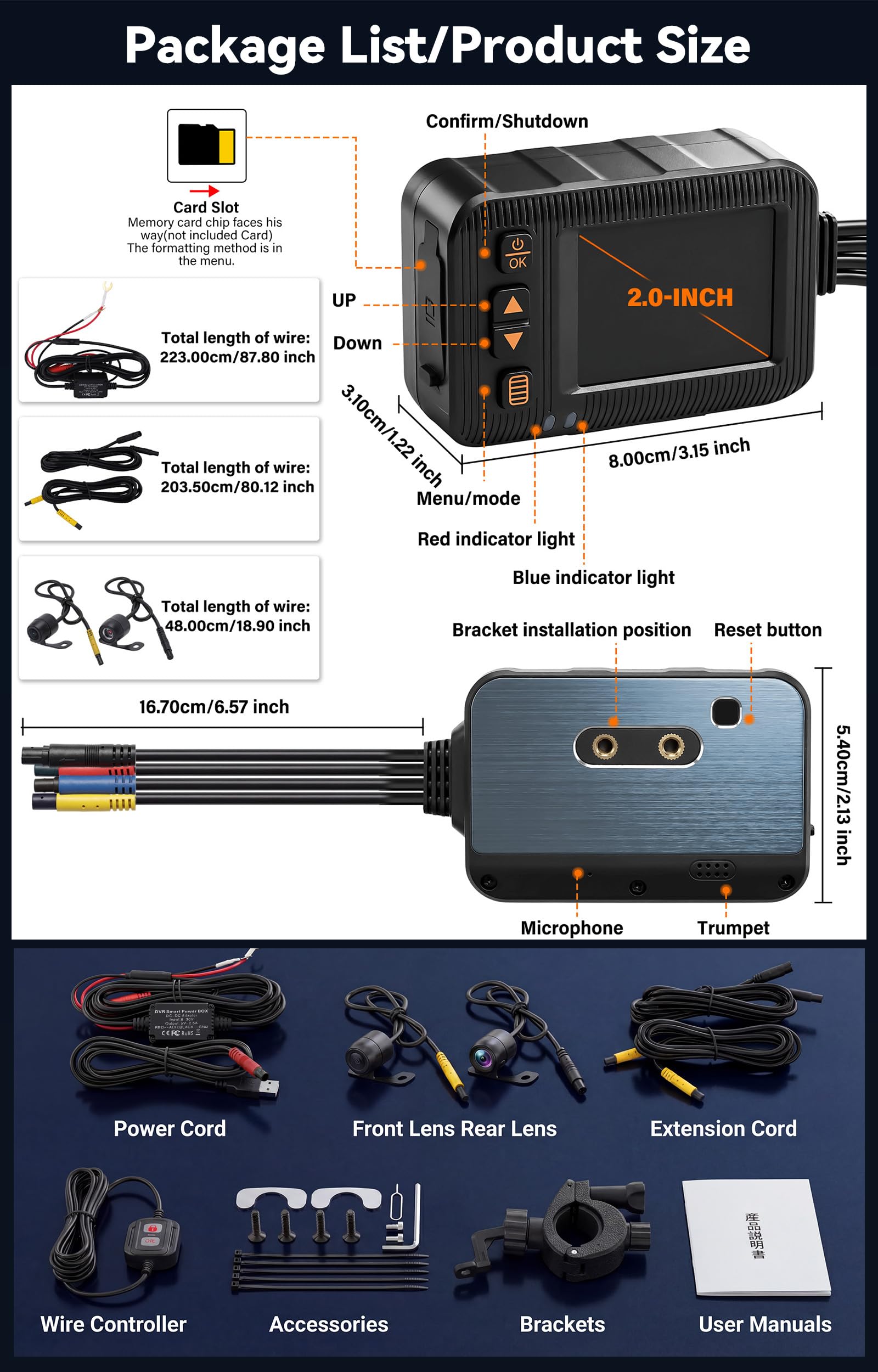 SIXWIN 1080P Dashcam para Moto Delantera y Trasera – Cámara Doble IP67 Impermeable, 2" HD con G-Sensor, Grabación en Bucle y Gran Angular – para Motocicletas, Motorsport, UTV y ATV