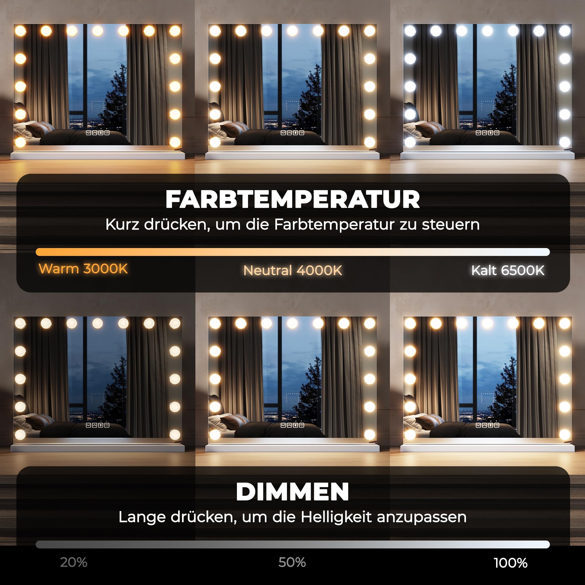 Hollywood Schminkspiegel mit Licht, Dreifarbiges Licht, Einstellbare Helligkeit, 58 x 45, Smart Touch Schalter und Memory Funktion, Mit Bluetooth