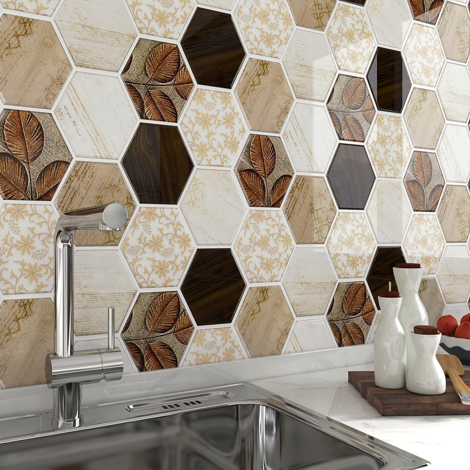 FunStick Credence Adhesive pour Cuisine Bois Marron Stickers Carreaux Beige 3D Buanderie 30×30CM 15 Dalles Murales Adhésives Cuisine Bois Stickers Carrelage Salle de Bain Carrelage Autocollant Mural