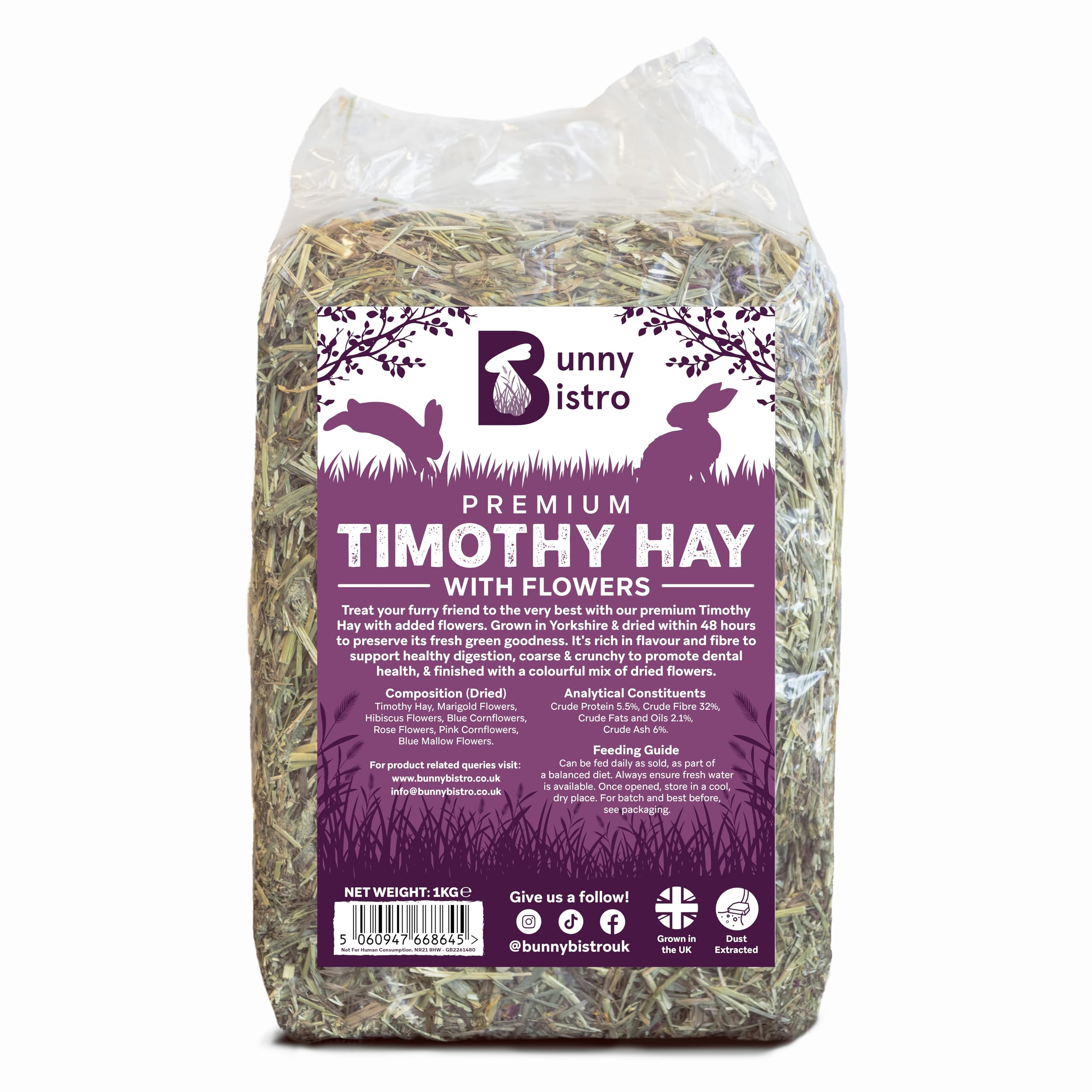 Bunny Bistro Premium Timothy Hay 1st Cut with Flowers 1kg | Natural UK Grown Hay for Rabbits, Guinea Pigs & Small Pets, High in Fibre, Dental Care, Dust Extracted, Grown in Yorkshire