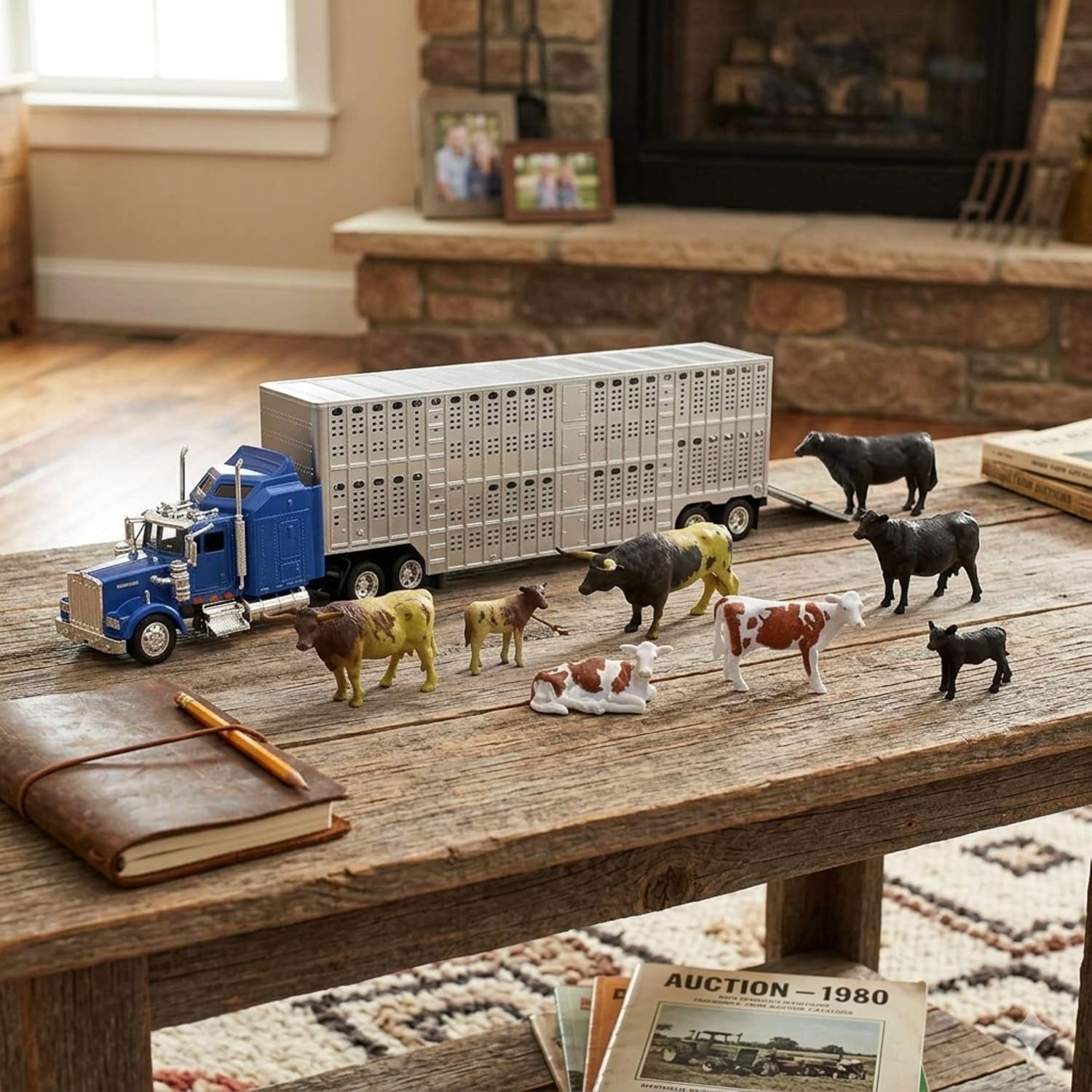 New Ray Country Life 1:43 Livestock Playset – Die-Cast Semi Truck & Trailer with 10 Cattle, Free-Wheeling Farm Vehicles, Opening Rear Door, Ages 8+, Rural Imaginative Play Set image 4