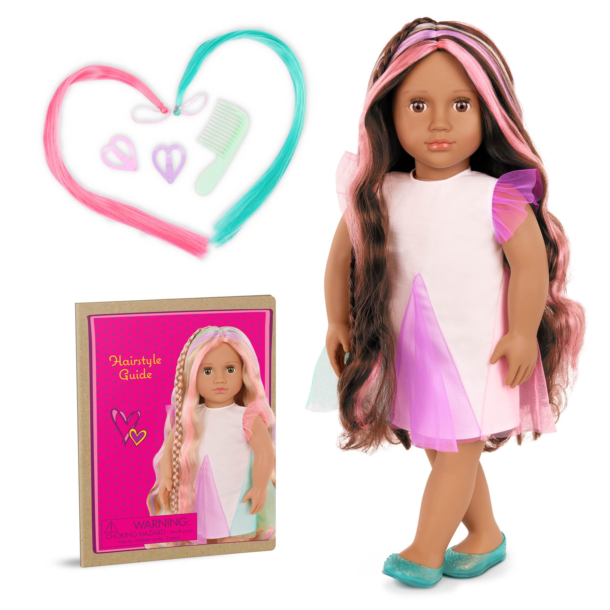Our Generation - Tania -inchFrom Hair to There-inch - Lifelike Brown Eyes & Ultra-Long Rainbow Hair - Extendable Braid & Styling Accessories - Pretend Play - Toy for Kids 3 Years +