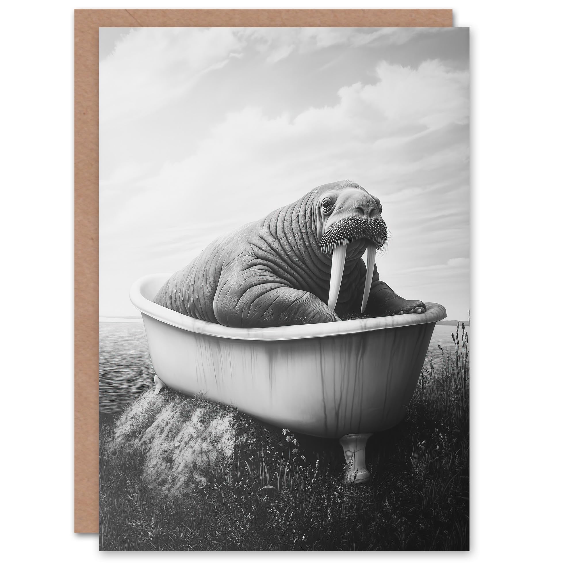Artery8 Greeting Card Walrus in Bathtub Black White Coastal Surreal Blank For Him Or Her Art Birthday Card