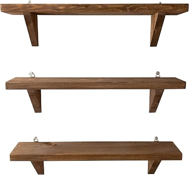 Wall Shelves, Non-Damaging Wall-Mounted Shelves Width 17.7 inches 45 cm / Brown / Set of 3 Decorative Shelves Wall Rack Wooden, Stylish, Simple, Interior