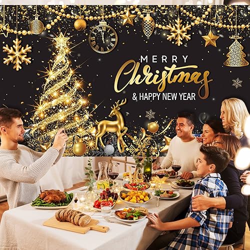 Miniatura 5 de Fondo de fiesta de Feliz Navidad, fondo de pancarta de oro negro para árbol de Navidad y fotografía de Nochevieja, suministros de decoración para