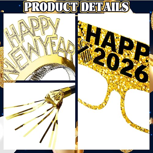 Miniatura 3 de 144 piezas de suministros para fiesta de Año Nuevo 2026, incluyen diadema de feliz año nuevo, gafas largas y cortas con flecos, para regalos de