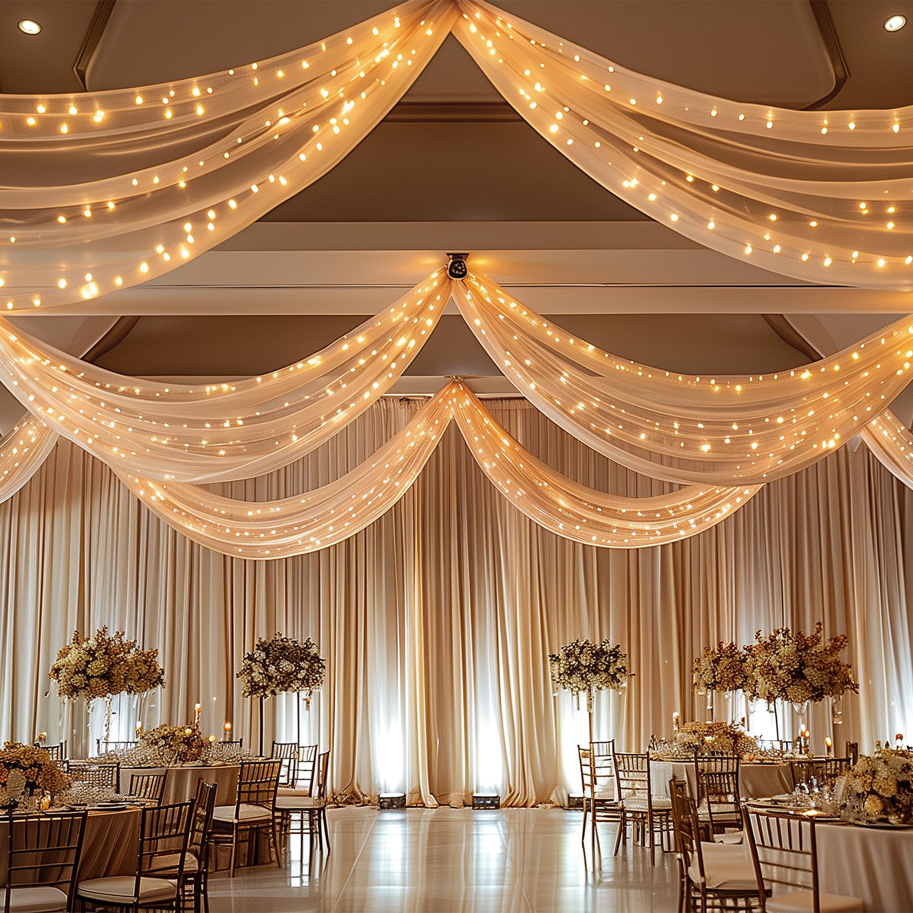 Dunkle Champagnerdecke mit Lichterkette, für Hochzeiten, 6 Paneele, 1,5 x 6,1 m, transparenter Tüllhintergrund, Foto-Hintergrund, Vorhänge für Hochzeitszeremonie, Geburtstag, Party, Bogendekoration
