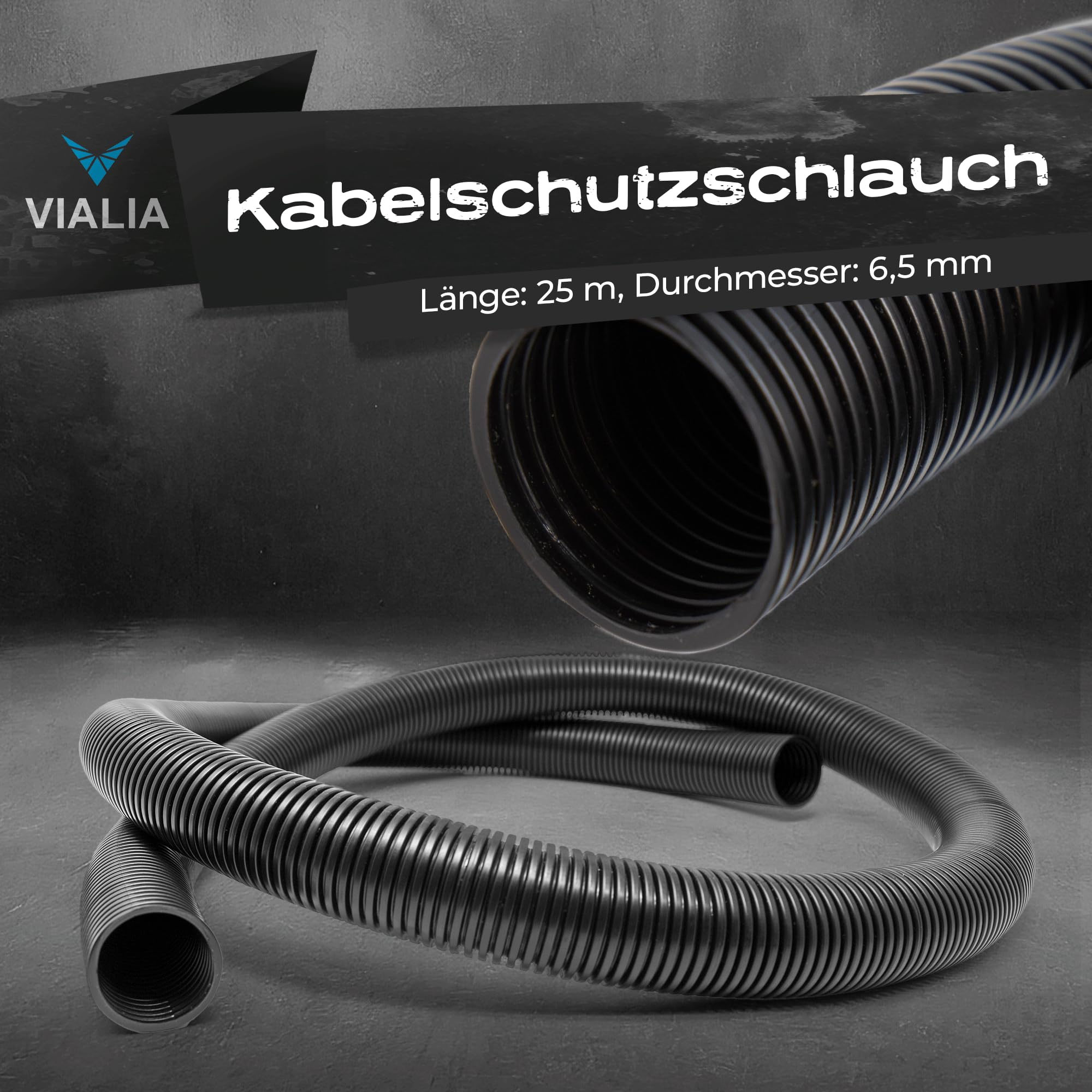 Kabelschutzschlauch ungeschlitzt 25m x 6,6mm, Flexibles und UV-beständiges Wellrohr aus Polypropylen, stabil und biegfest, Temperaturbereich -40°C bis 130°C, schwarz