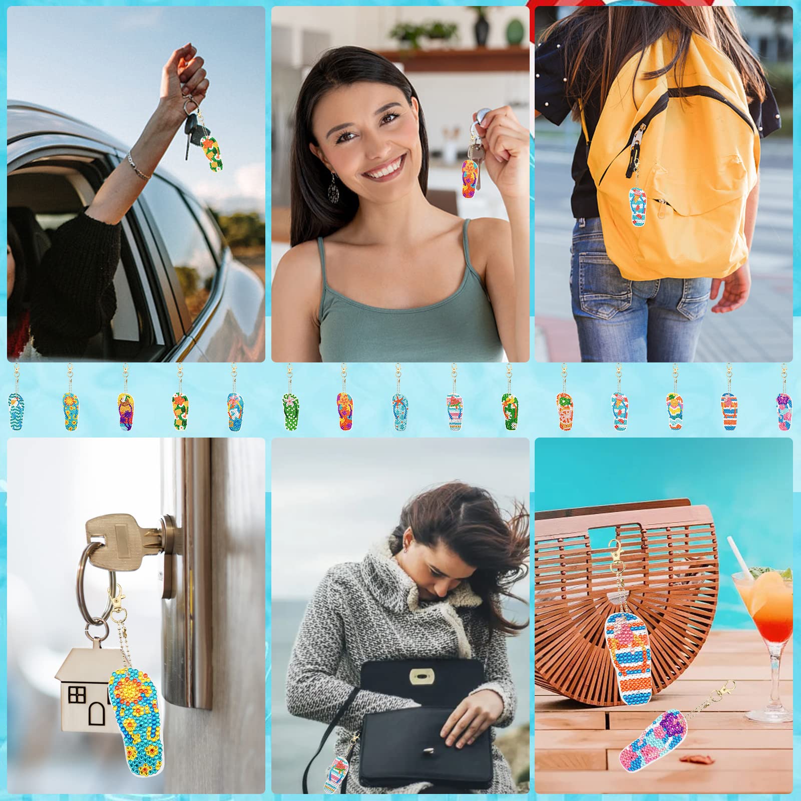 15 Pièces 5D DIY Porte-clés De Peinture Diamant,Tongs Plage D