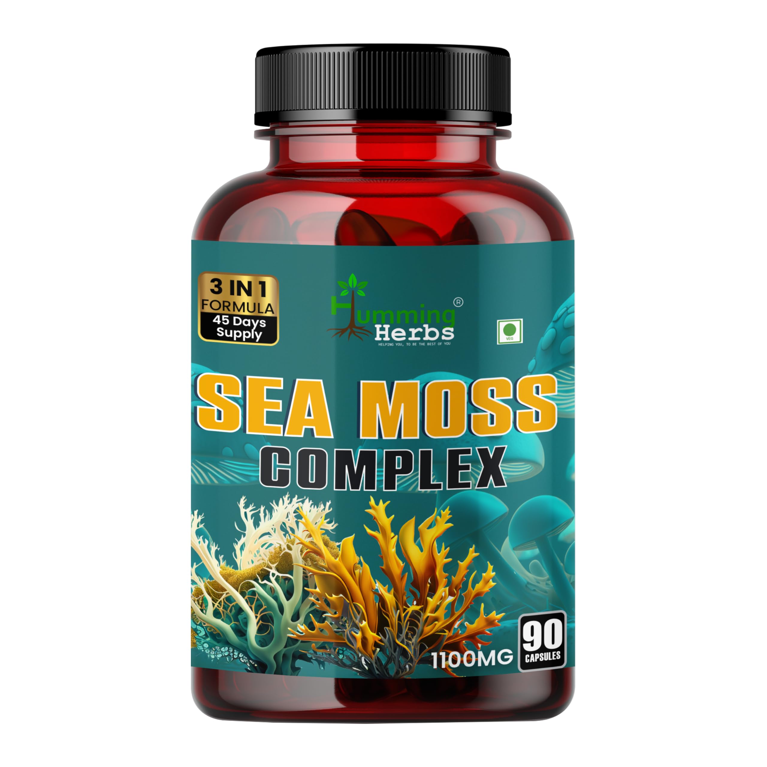 Humming Herbs Sea Moss Complex 90 Capsules - With Irish Sea Moss Powder, Bladderwrack, Burdock Root Extract | Sourced from European Sea's | Bio available Minerals for Thyroid, Skin and Joint Support