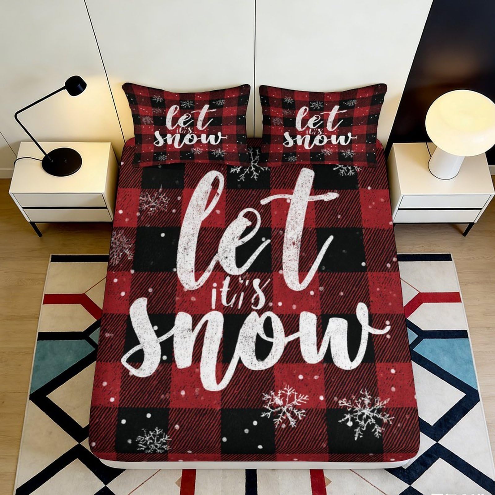 3D Printed Red Black Plaid Let It Snow Fitted Sheet Microfiber Soft Breathable Snowflake Bed Cover for Bedroom Dormitory Guest Room Mattress Protection 200x200x25cm