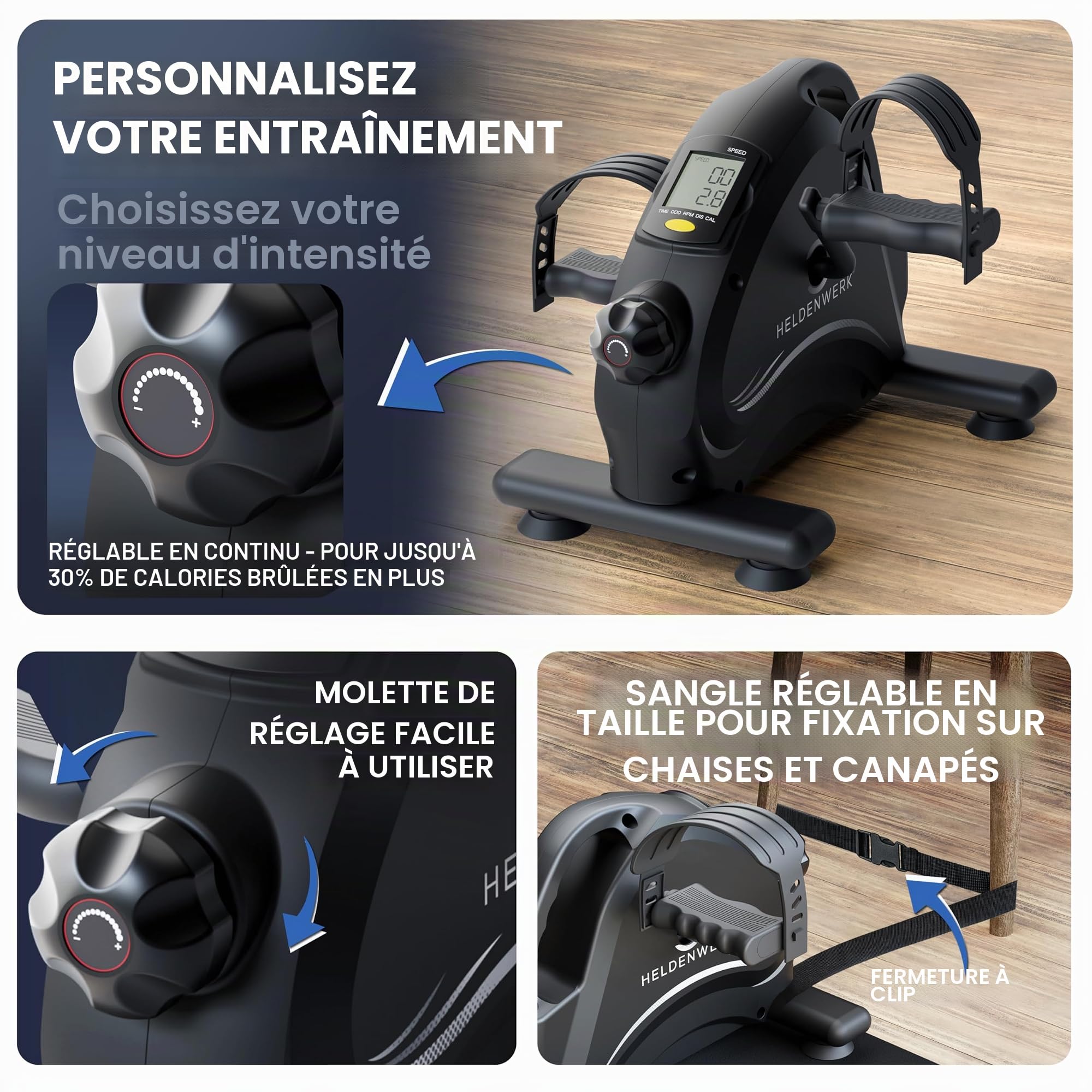 HELDENWERK Kit d'entraînement au pédalier - Certifié TÜV/GS avec sangle de fixation et tapis antidérapant - Entraîneur des bras et des jambes pour la maison - Pédalier d'entraînement pour seniors