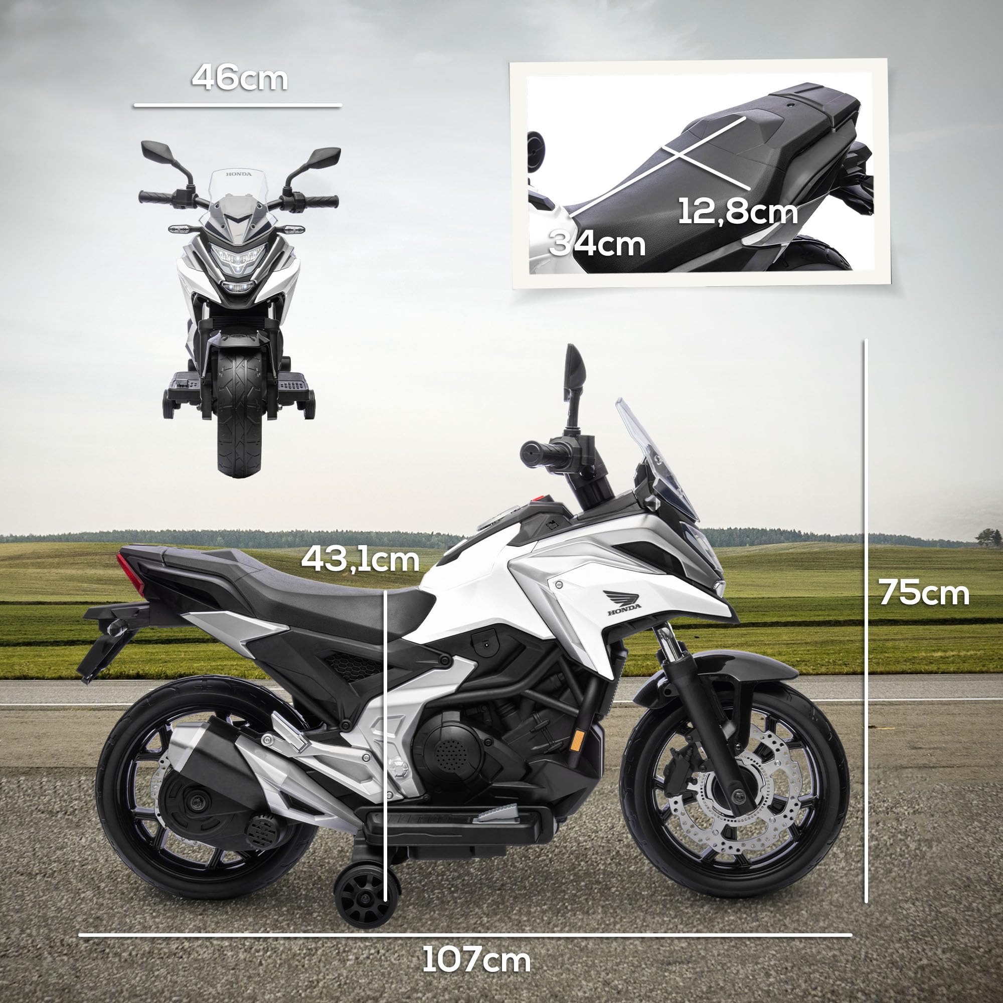AIYAPLAY Moto électrique Enfants Honda 3-6 Ans Musique Phares 2 Roues d'entraînement 107x46x75 cm Blanc