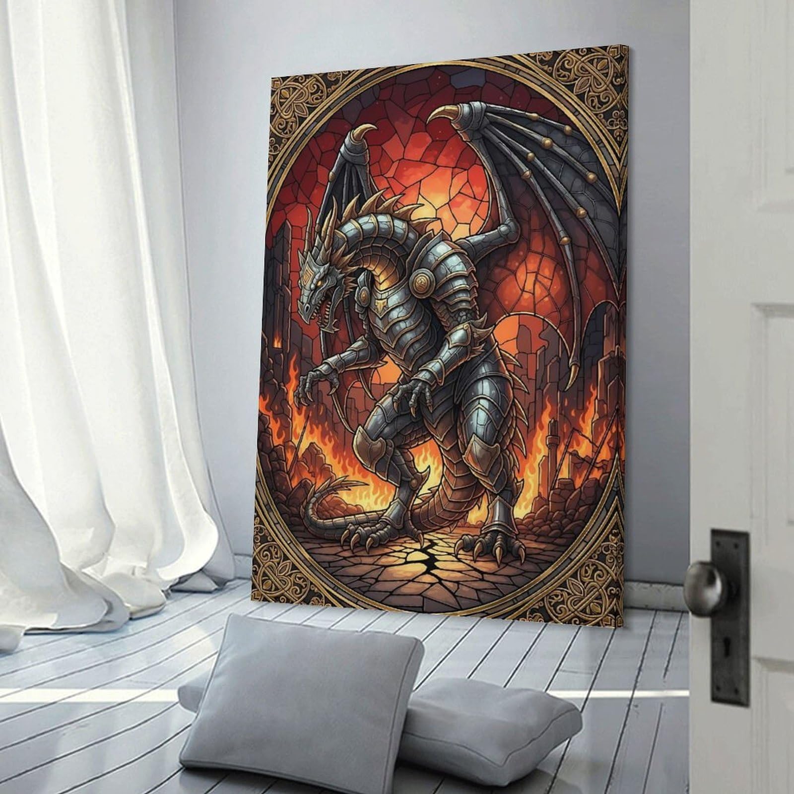 Junmoney Armored Dragon in Stained Glass Style Home Decor Wall Art 12x18inch(30x45cm), for Lounge, Bedroom Or Personal Spaces, Gift Idea for Housewarming And Birthdays