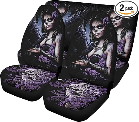 Mexican Sugar Skull Car Seat Covers and Glitter Mats Dia de Los Muertos Candy Skull Universal Car Seat Cover, Cute Car Mat Festival Auto Interior Accessories (3pcs Front+Back seat Covers)