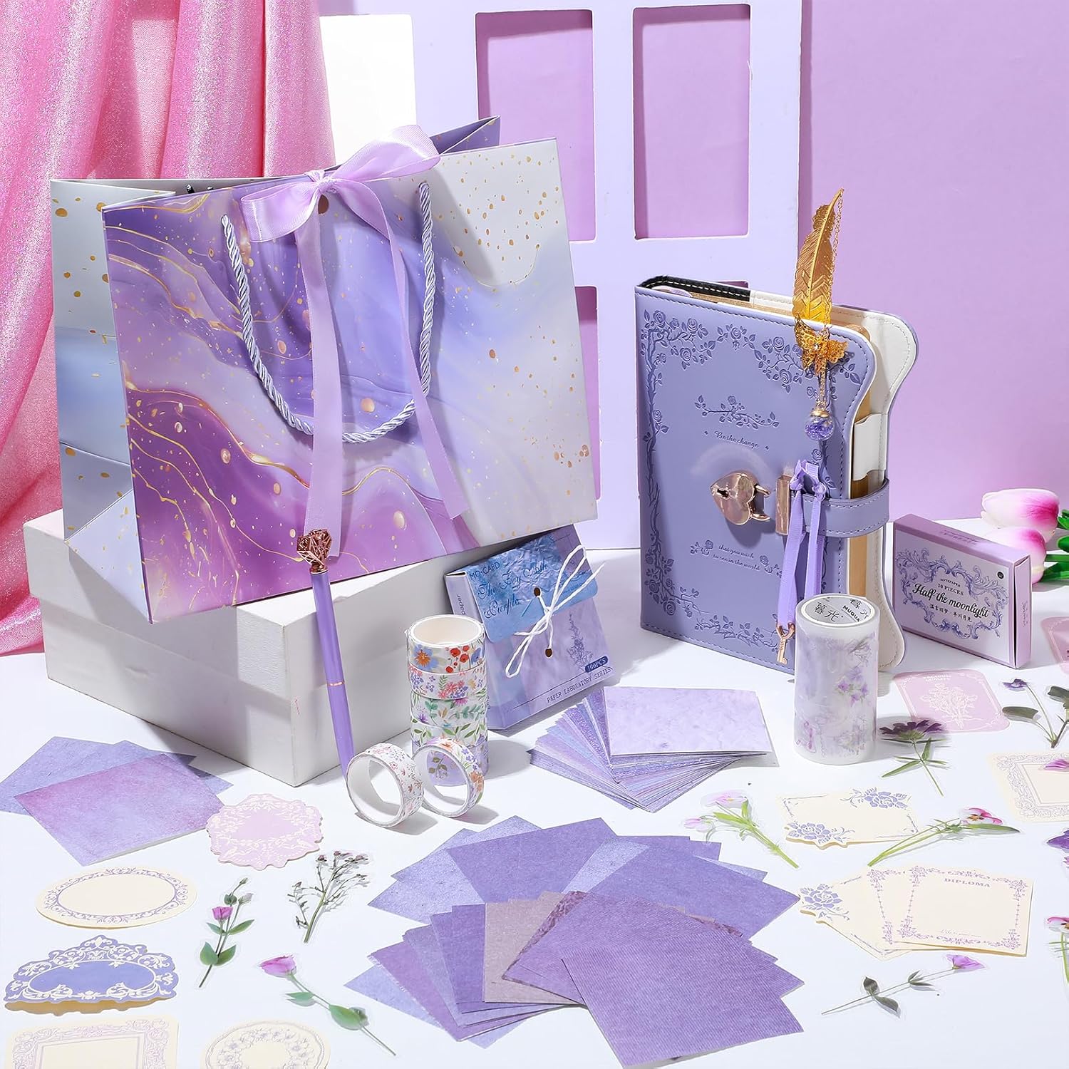 Janlaugh DIY Journal Diary with Lock Set Scrapbook Kit Stationary Diary Supplies Art Crafts Kit for Birthday Holidays Ideal Gifts for Women Teen Girls(Purple,Bright) - Image 2