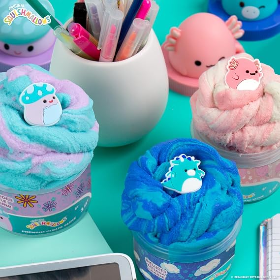 Original Squishmallows Scented Slime Jars, Variety 3 Pack with 9 Add Ins | Premium Cloud Slime with Mix Ins, Rubber Charm & Topper Jar, Sensory Toys for Kids, Party Favors and Goodie Bag Stuffers