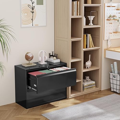 Miniatura 7 de INTERGREAT Archivador lateral con 2 cajones, archivadores de metal negro para oficina en casa, archivador de bloqueo para archivos colgantes de