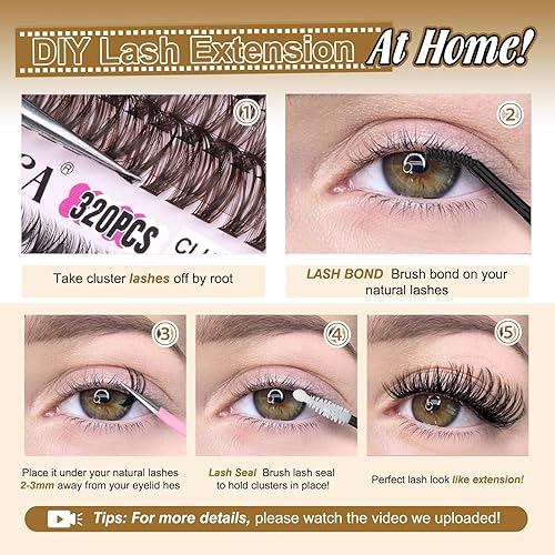 Miniatura 7 de Kit de extensión de pestañas para bricolaje, 320 pestañas individuales, mezcla de color negro y marrón, 0.354-0.630 in, kit de racimos de pestañas