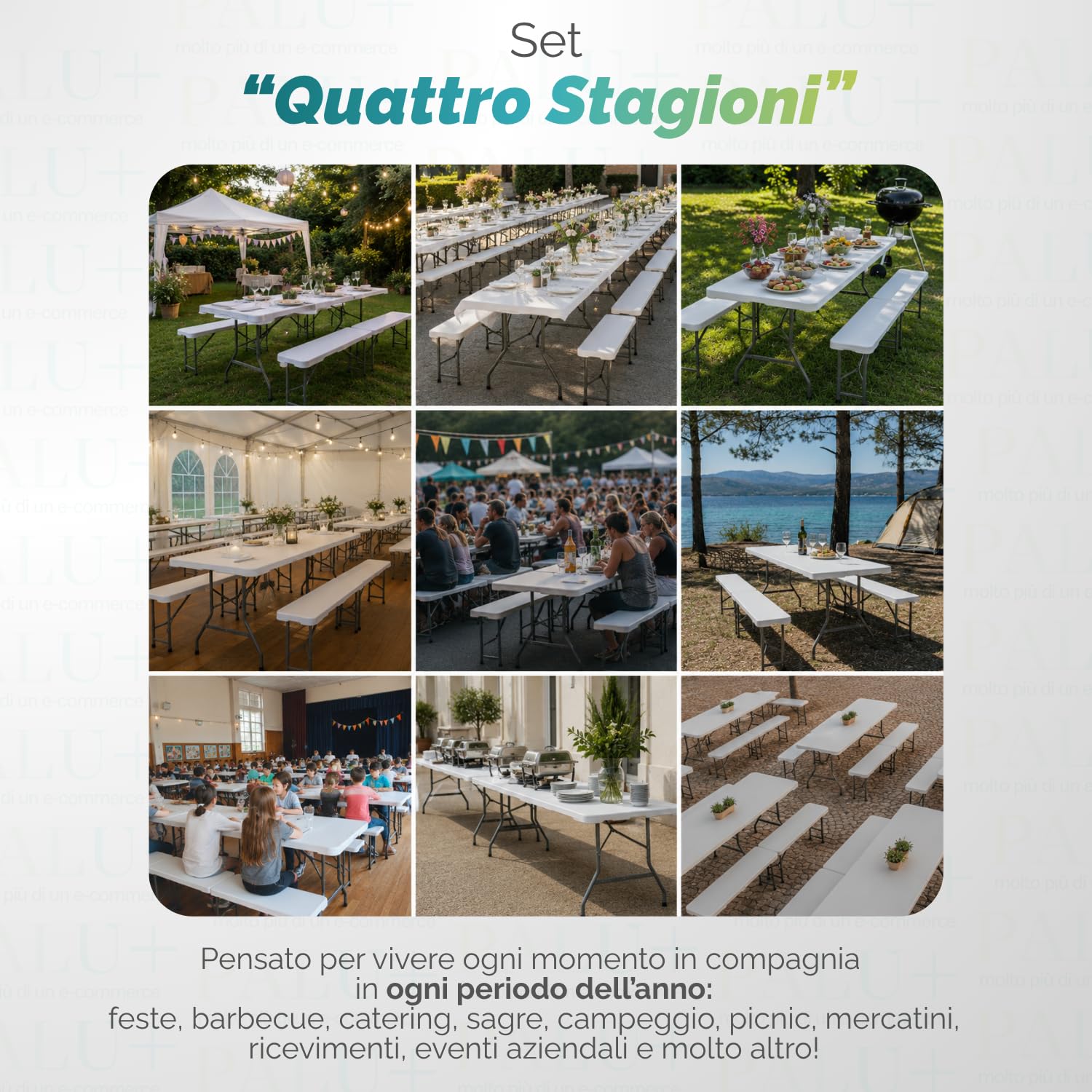 PALUPLUS Set Tavolo Catering con 2 Panche Pieghevoli, Tavolo da 180x71x74 cm e Panca da 180x29x43 cm, Set a Valigetta in Resina con Struttura in Metallo e Maniglia per trasporto -344F/8745F -28