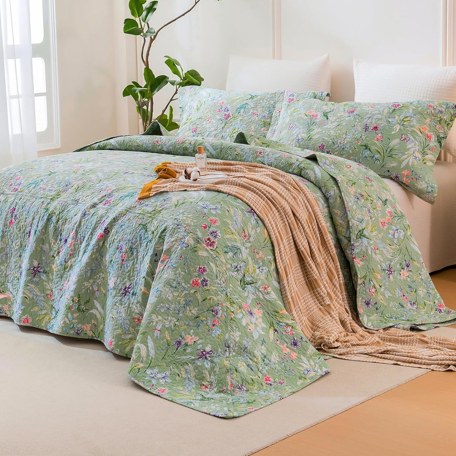 QSH 3Pcs Oversized King Bedspread Set(120"x120"),100% Cotton Green Floral Quilt Bedding Set Flower Bird Butterfly Printed Bedspread Coverlet California King Oversized Lightweight Soft Bedding Set - Image 6