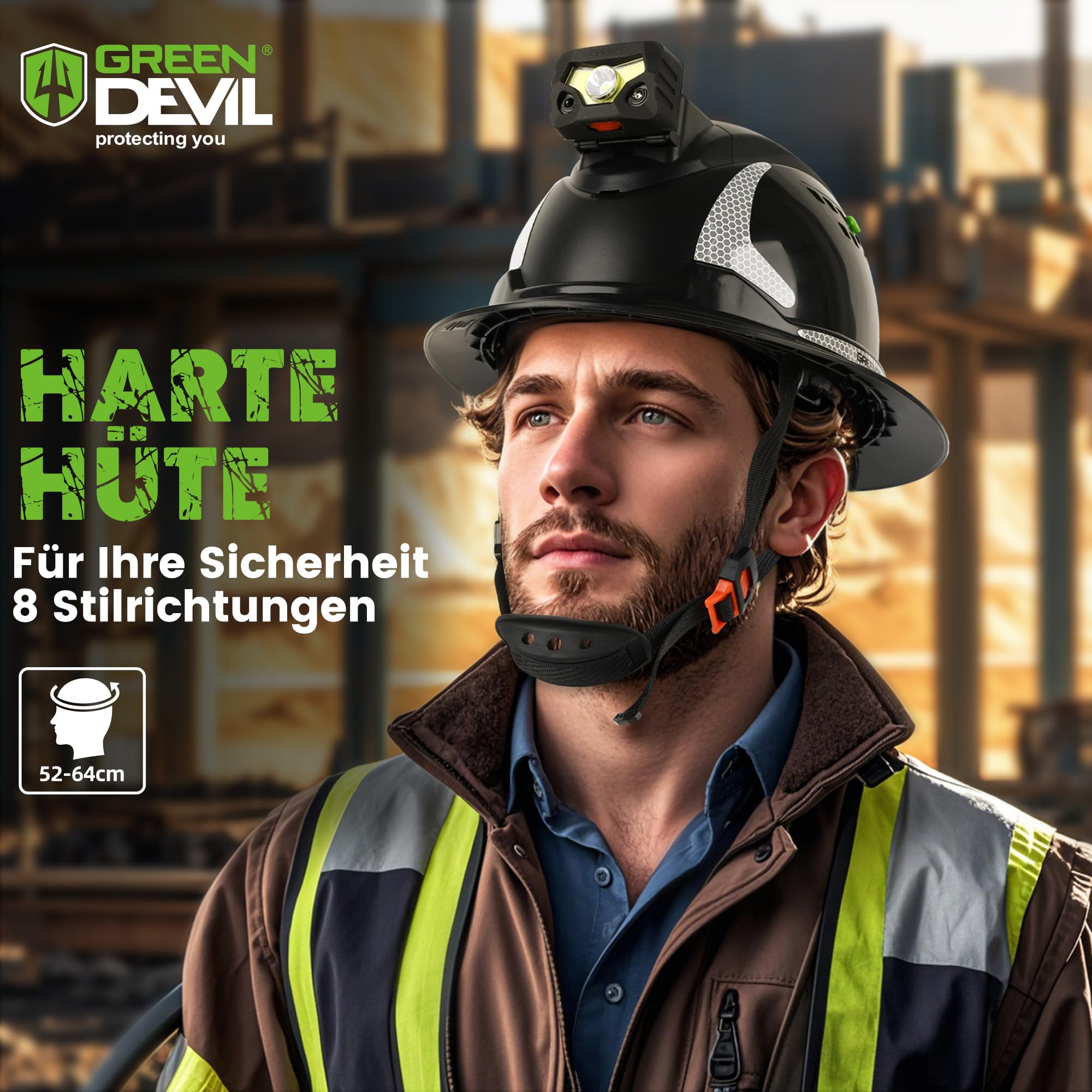 GREEN DEVIL Matrix Full Brim kask ochronny EN 397 – kask ochronny z wentylacją, latarka czołowa LED (IPX5), system 6-punktowy i regulowana wyściółka wewnętrzna – idealny do budownictwa, przemysłu,