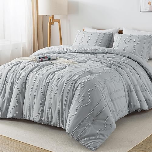 Miniatura 3 de Andency Juego de edredón gris claro tamaño King (104 x 90 pulgadas), 3 piezas (1 edredón bohemio, 2 fundas de almohada), edredón texturizado de