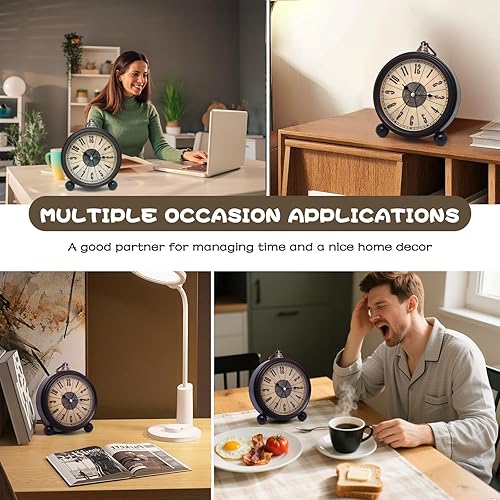 Miniatura 7 de Reloj despertador de metal retro vintage de 5 pulgadas, reloj de mesa analógico antiguo sin tictac, funciona con pilas, para mesita de noche,