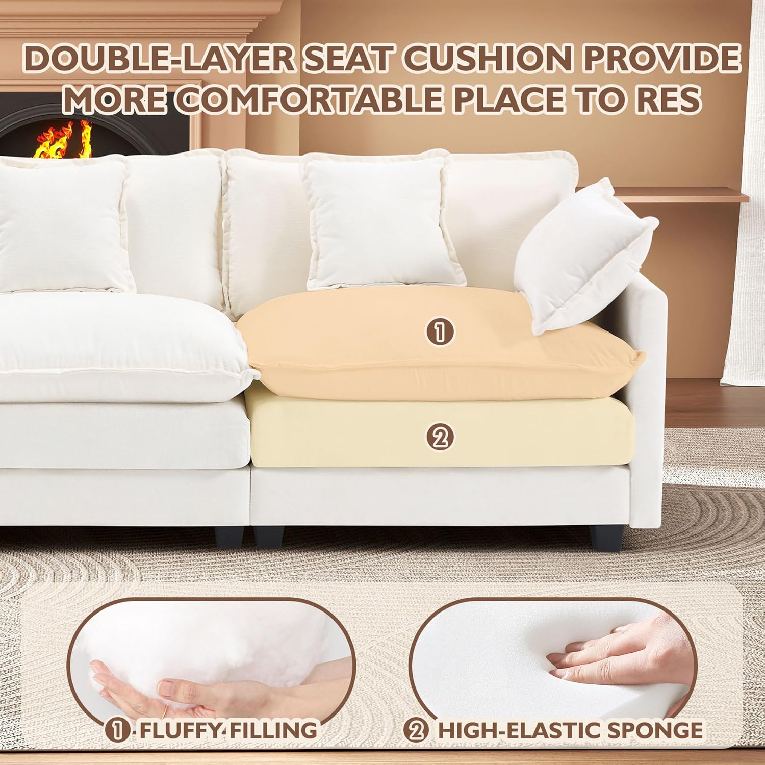 Urhanherry 111.4” Modular Sectional Sofa, U Shape Cloud Couch with 2 Movable Ottoman, Comfy Chenille Deep Seat Sofa with Soft Pillows for Living Room Apartment （Beige）
