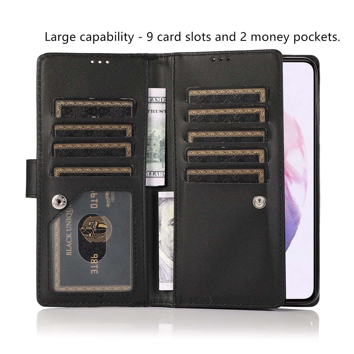 EYZUTAK Wallet Case for Samsung Galaxy S22 5G, Magnetic Handbag Zipper Pocket PU Leather Flip with 9 Card Slots and Wrist Strap Folio TPU Inner Stand Case - Black