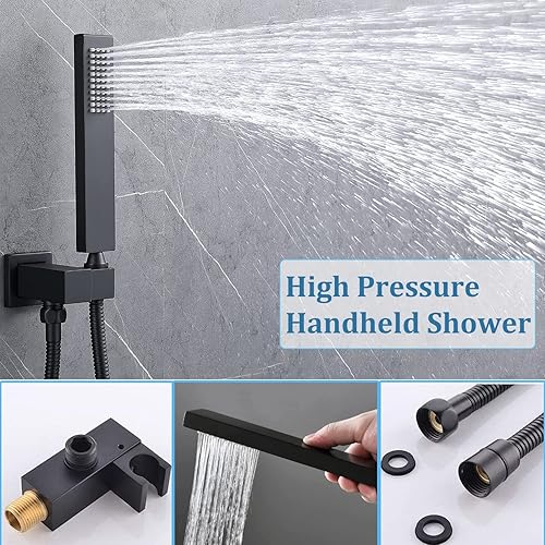 Miniatura 7 de WHSHOWER Sistema de ducha negro mate termostático LED de cuerpo completo, juego completo de grifo de ducha de techo de 16 pulgadas, cabezal de ducha
