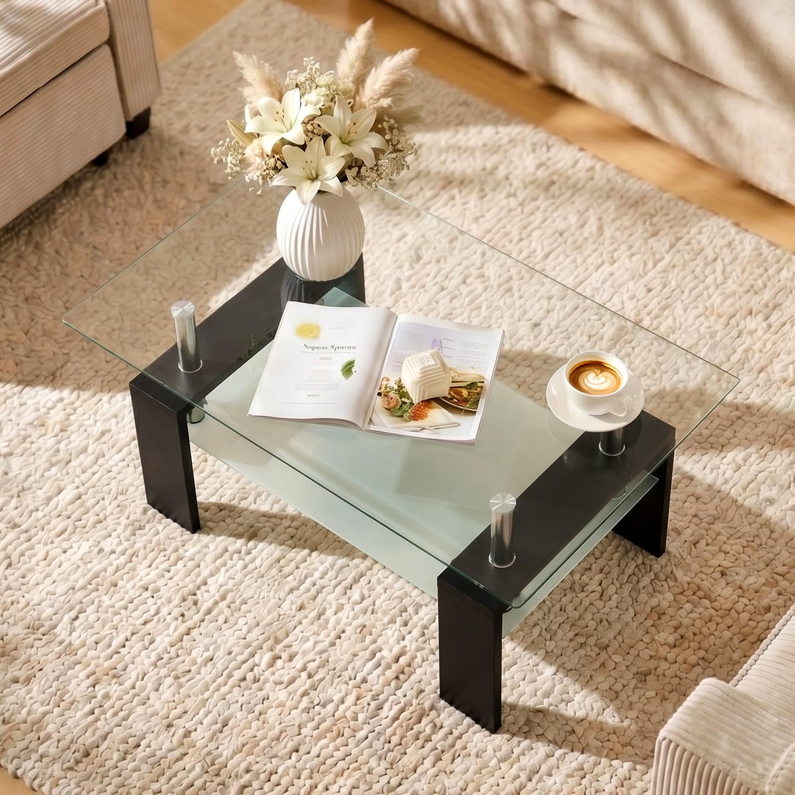 TUKAILAI Couchtisch Glas Modern Rechteckiger Wohnzimmertisch Couchtisch mit unterer Ablage, Beistelltisch Glastisch für Wohnzimmer, Gäste, Empfang, Zimmertisch, Schwarz,100x60x45 cm