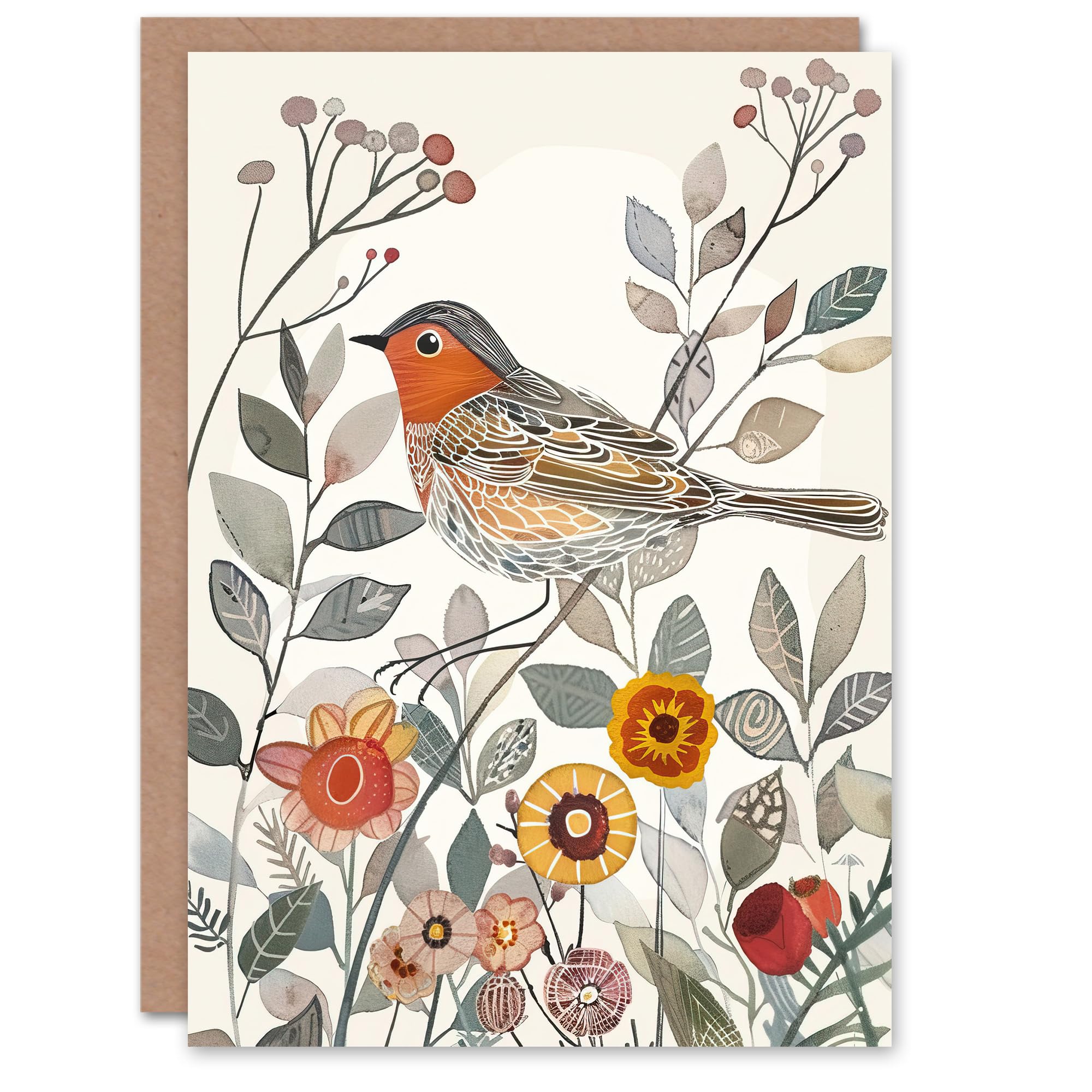 Artery8 Greeting Card Robin Bird Garden Flowers Bright Folk Art Blank For All Him Or Her Art Birthday Card