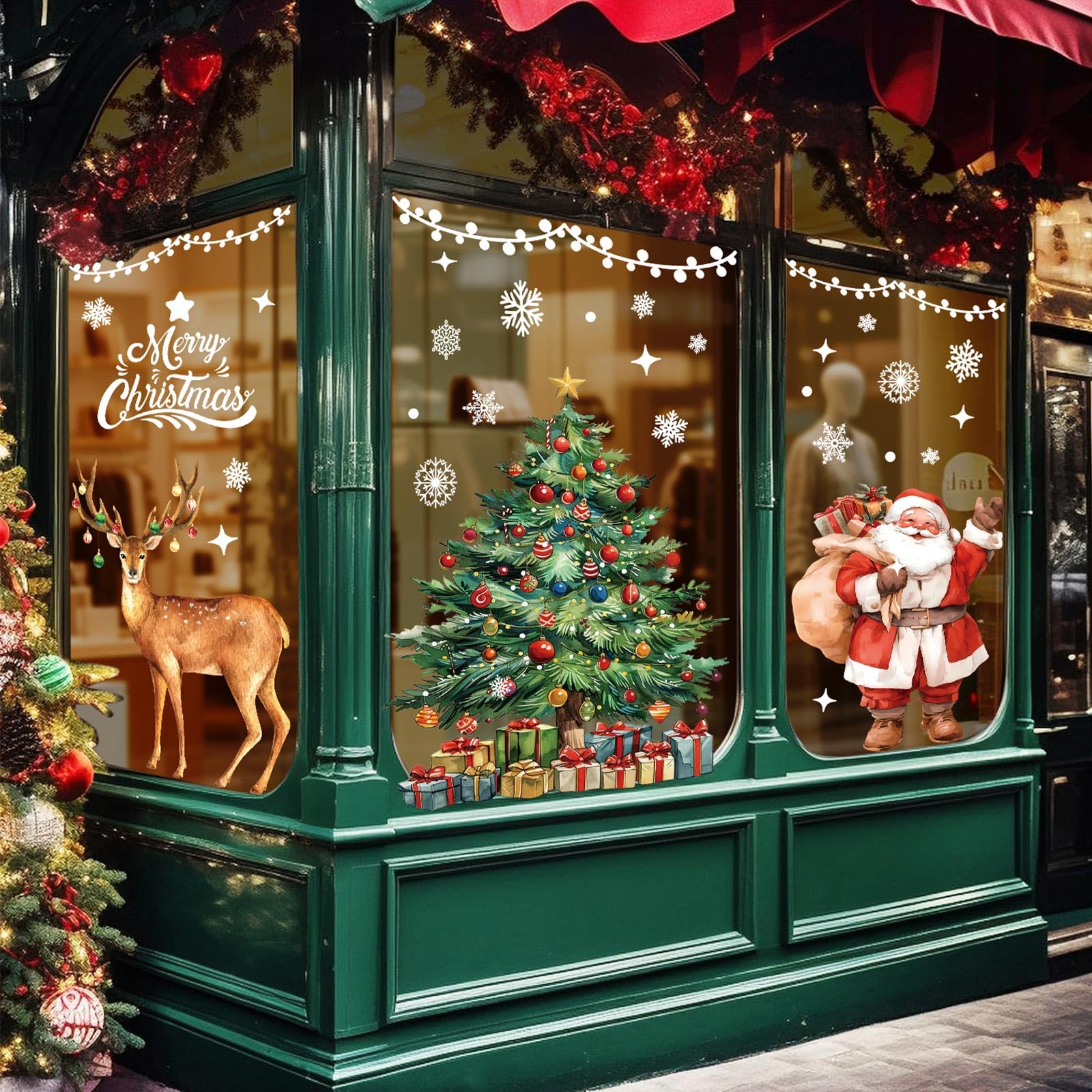 Stickers Noël Pour Fenêtres - 6 Feuilles PVC électrostatiques Réutilisables - Design Aquarelle (Père Noël, Sapins, Rennes)