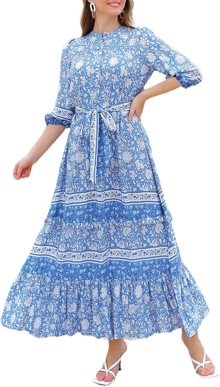 Women 3/4 Sleeves Front Buttons Floral Print Casual Bohemian Maxi Dresses