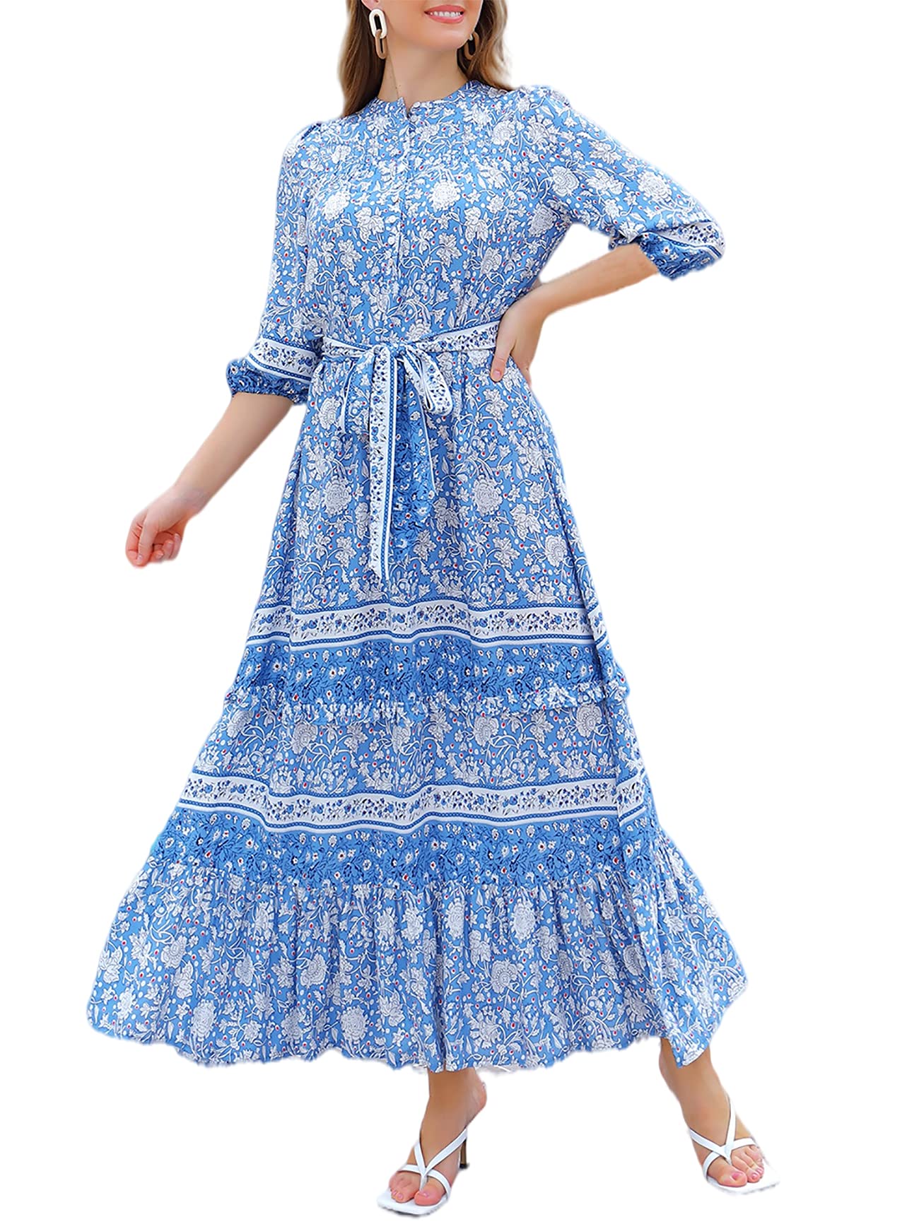 Women Boho High-Waist Floral Print Maxi Dress 3/4 Sleeve Casual | Soft Rayon, Breathable, Quick-Dry. High-Waist with Adjustable Belt, Flattering Hem. Ideal for Beach, Work &amp; Dating.
