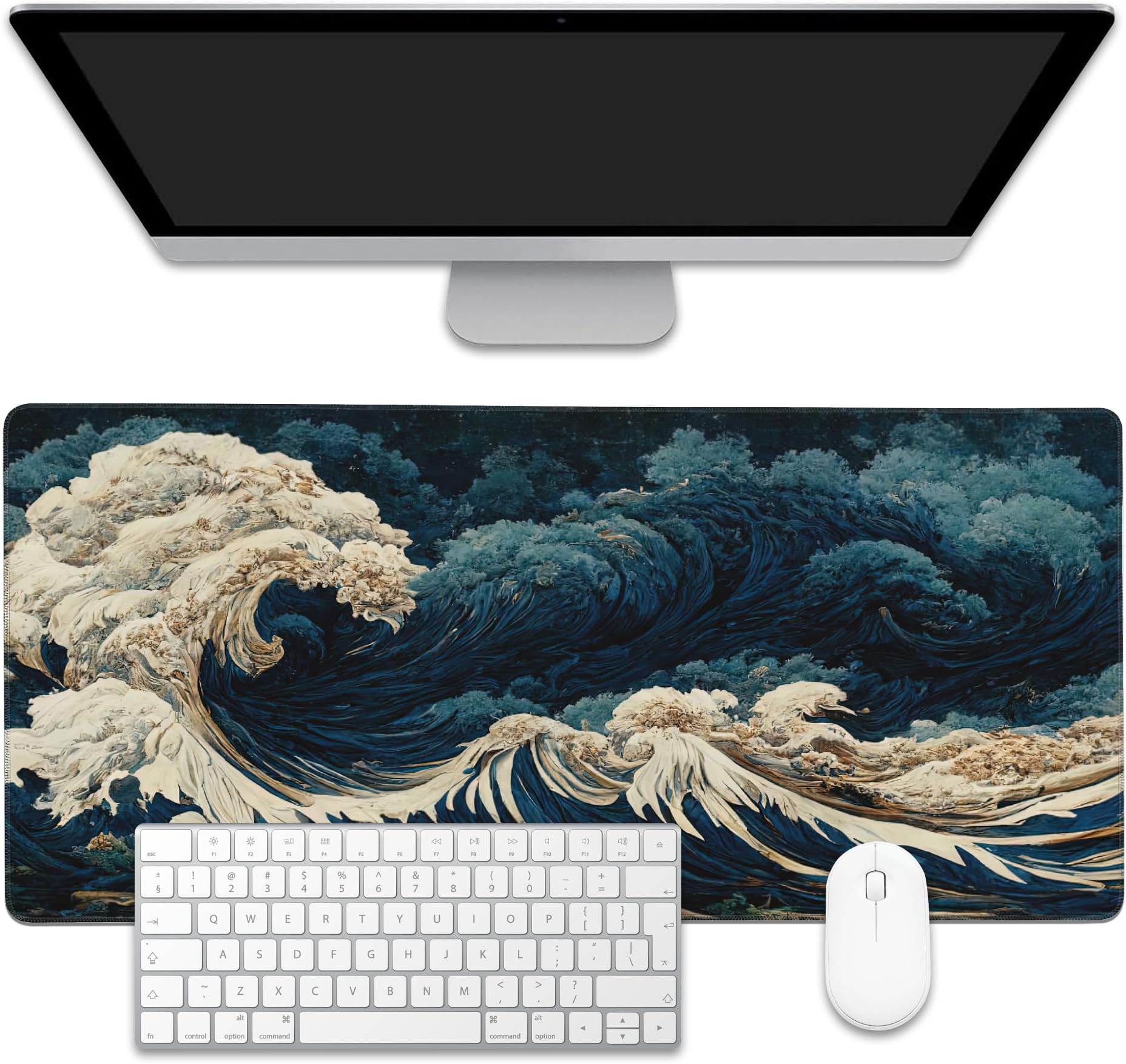 Japanese Ocean Waves Large Gaming Mouse Pad,Waterproof Desk Mat for Desktop,Non-Slip Rubber Base Mousepad with Stitched Edges for Laptop Office and Home 35.4X15.7 Inch