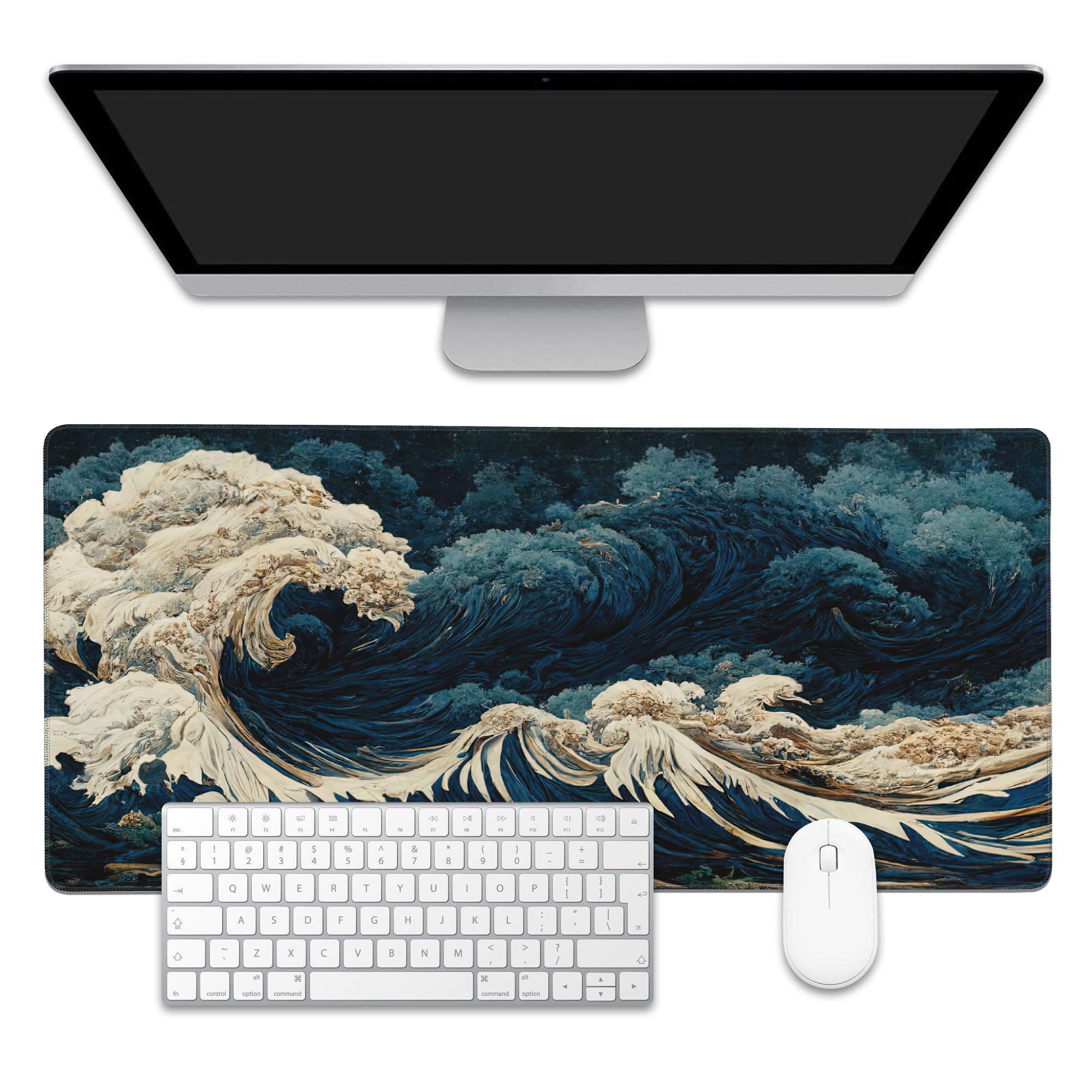 Japanese Ocean Waves Large Gaming Mouse Pad,Waterproof Desk Mat for Desktop,Non-Slip Rubber Base Mousepad with Stitched Edges for Laptop Office and Home 35.4X15.7 Inch