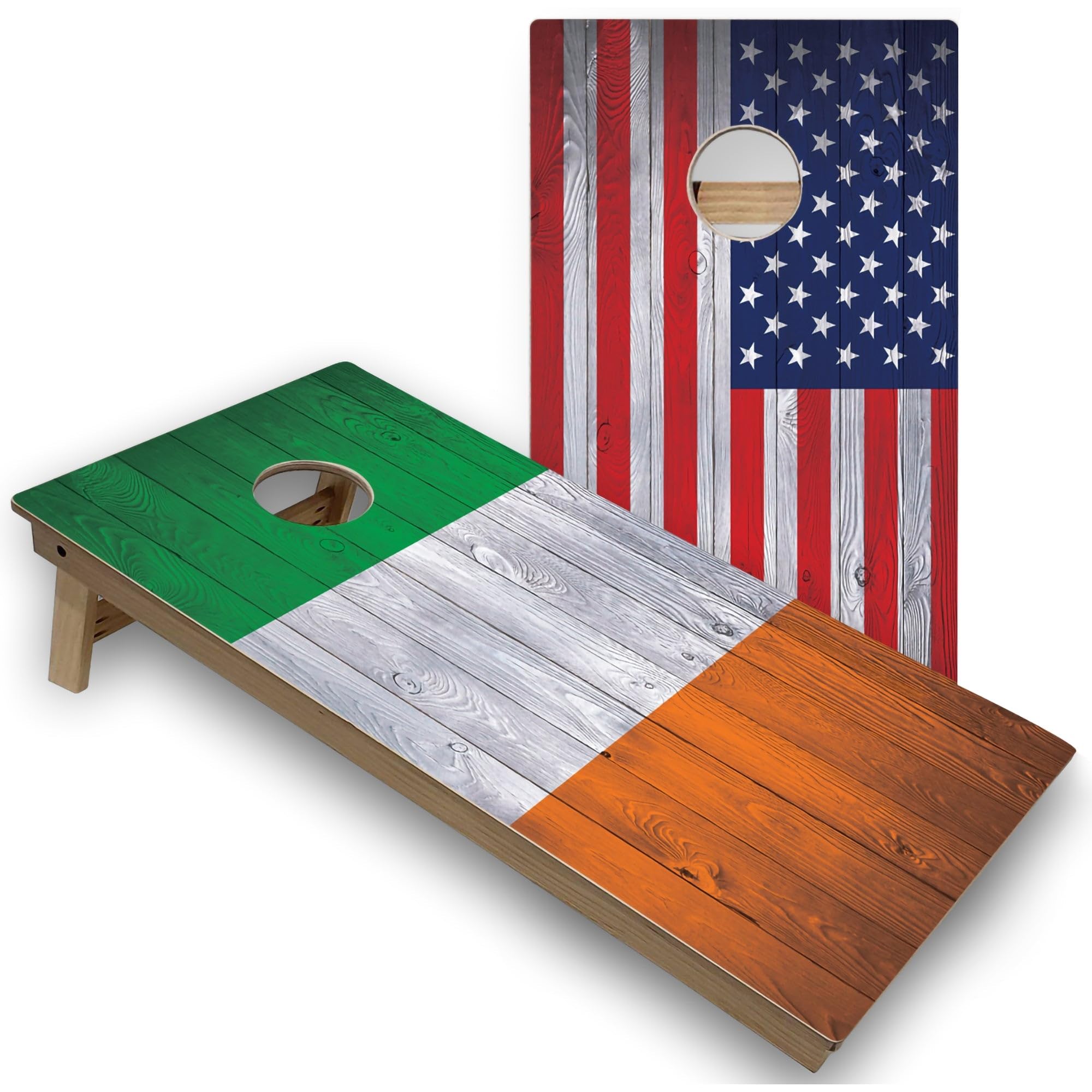 Skip's Garage Ireland & USA Flag All-Weather Cornhole Boards - PVC - Include CASE + Hole + Edge Lights