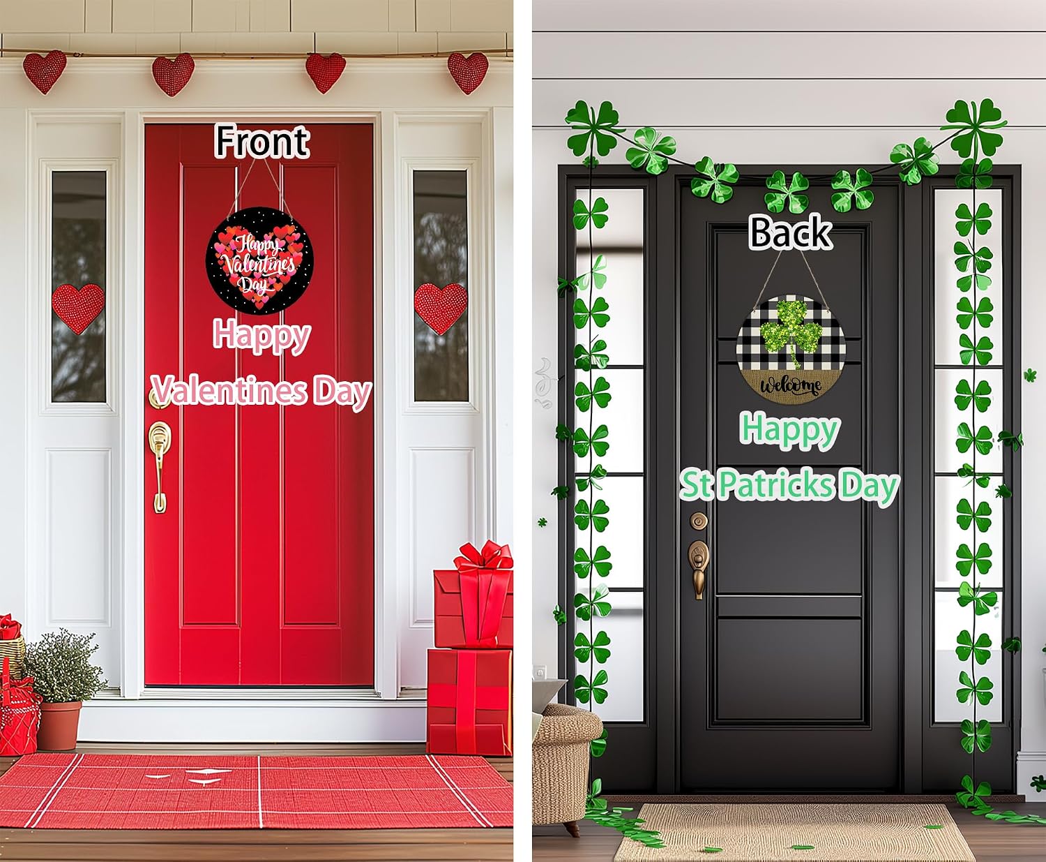 Reversible Valentines Day Door Decorations St Patricks Day Wreath Happy Heart Wreath Shamrock Hanging Sign Wooden Front Door Hanger for Porch Wall Indoor Home Decor