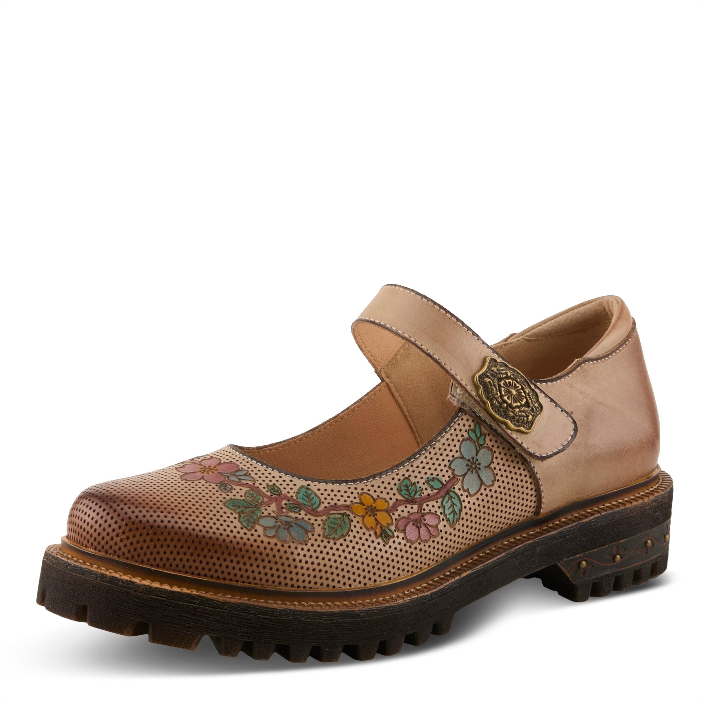 L'Artiste DANUELLA Hand-Painted Leather Mary Jane – Floral Boho Flat with Adjustable Strap & Lug Sole