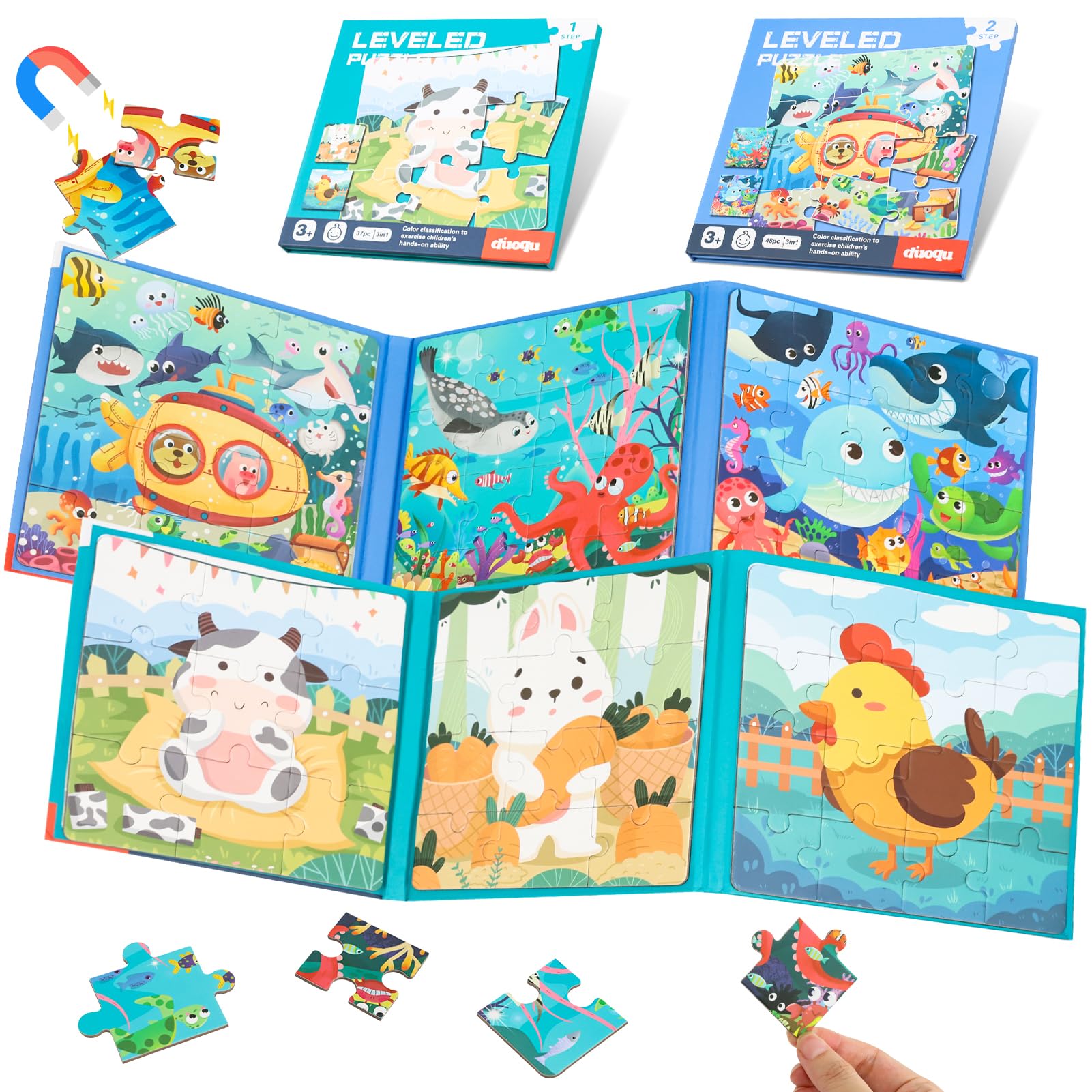 Puzzle magnetici per bambini 3 Anni, 2 Set Puzzle Magnetico Giochi a Tema Fattoria e Oceano, Giochi da Viaggio Gioco Educativi, Giocattolo in Aereo Auto Treno, Regali Di Compleanno