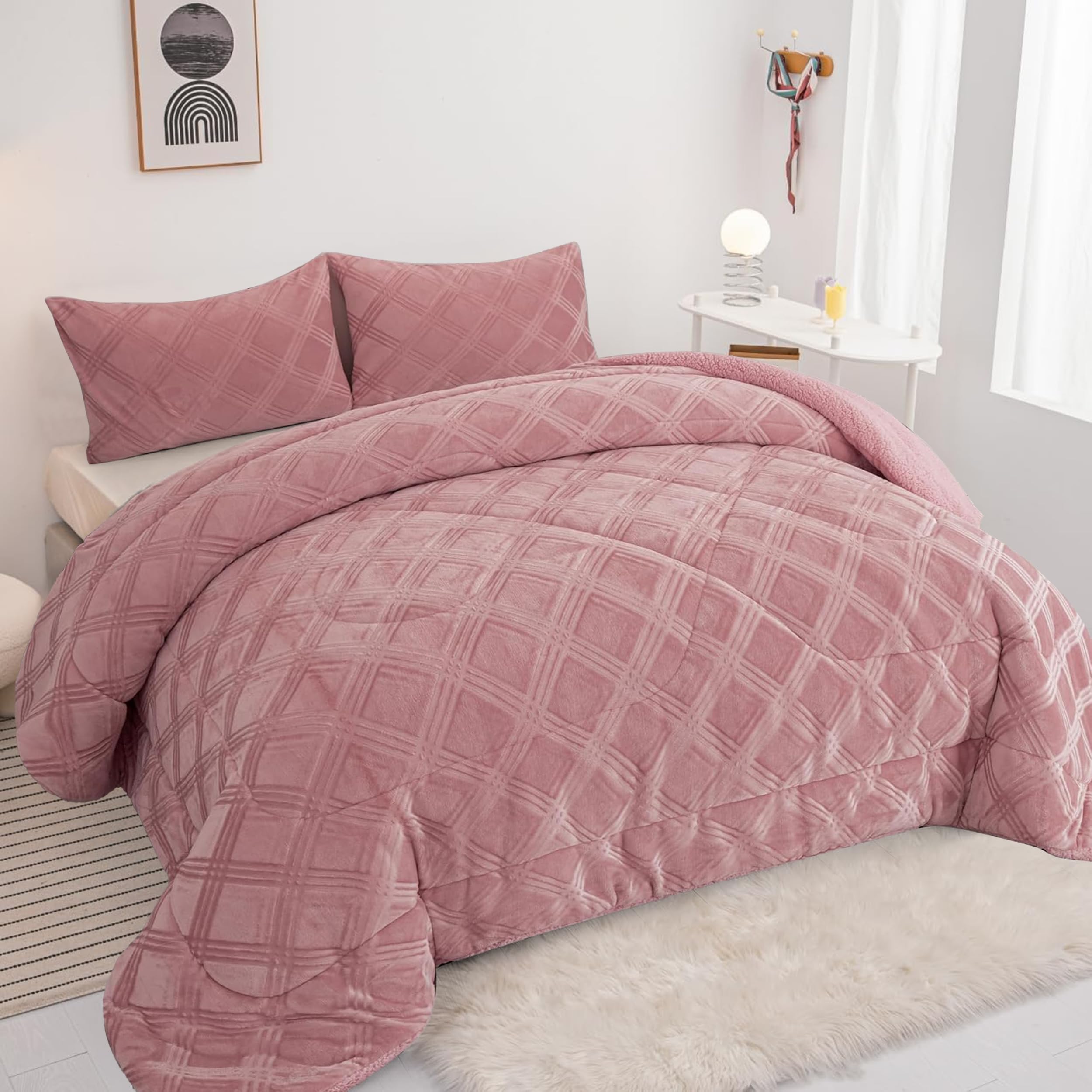 BESCH Edredón Invierno Borreguillo Nórdico 180x240cm para Cama 90/105 con 1 Funda Almohada | Edredón Borrego Sherpa Extra Suave, Cálido, Gruesa | Cuadro Rosa