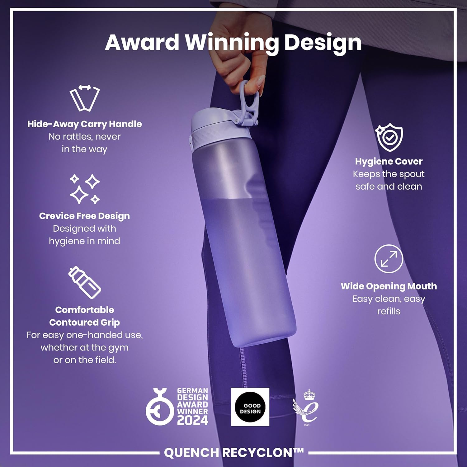 Ion8 1 Litre Water Bottle, Leak Proof, Flip Lid, Carry Handle, Rapid Liquid Flow, Dishwasher Safe, BPA Free, Soft Touch Contoured Grip, Ideal for Sports and Gym, Carbon Neutral, 32 oz, Light Purple - Image 6