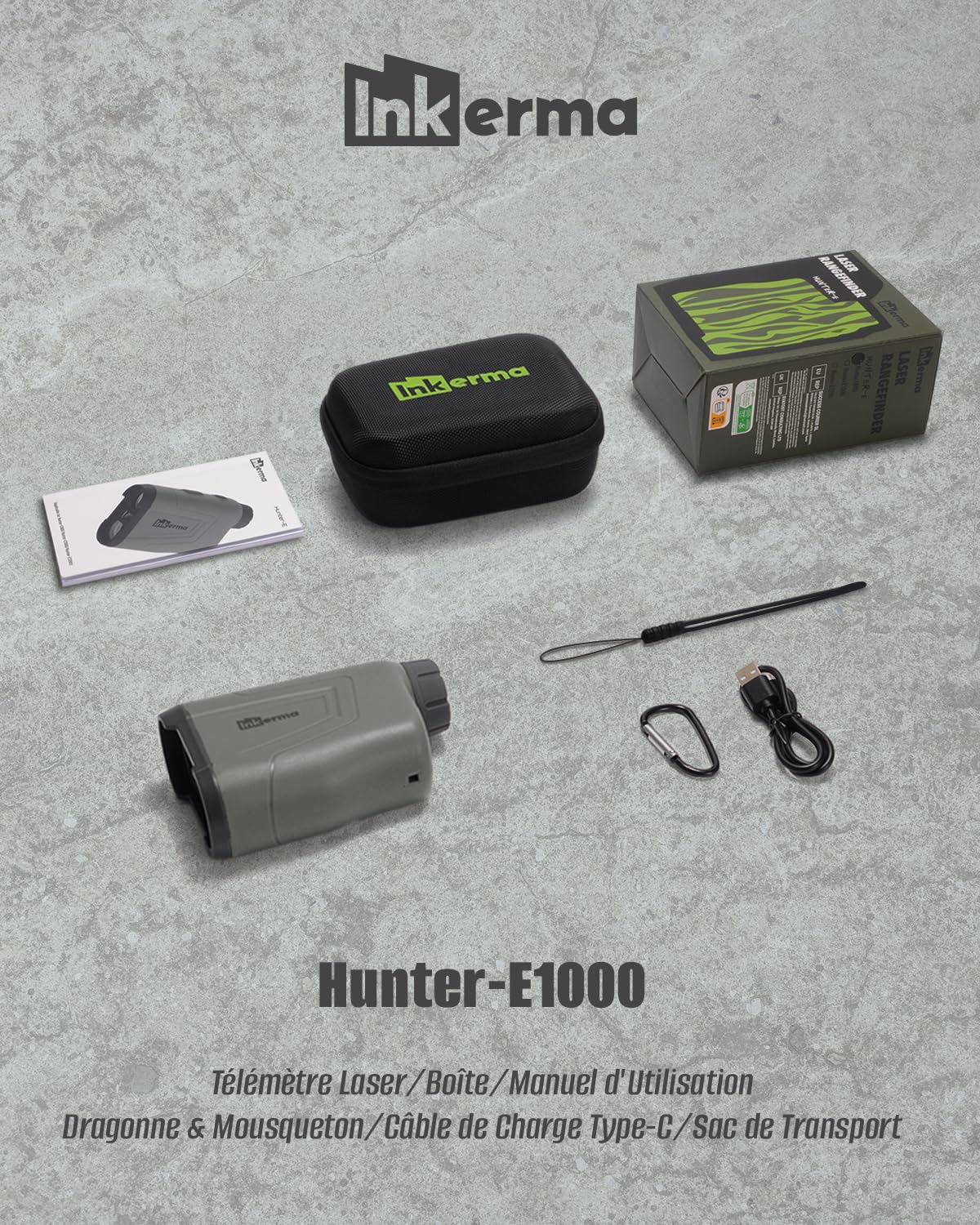Télémètre Chasse/Golf, Inkerma 1000/1200M Télémètre de Chasse Rechargeable avec Grossissement 6X, Écran LCD, Angle/Compensation de Pente/Unit Switch/Vitesse/Scan Fonctionnel (Hunter-E)