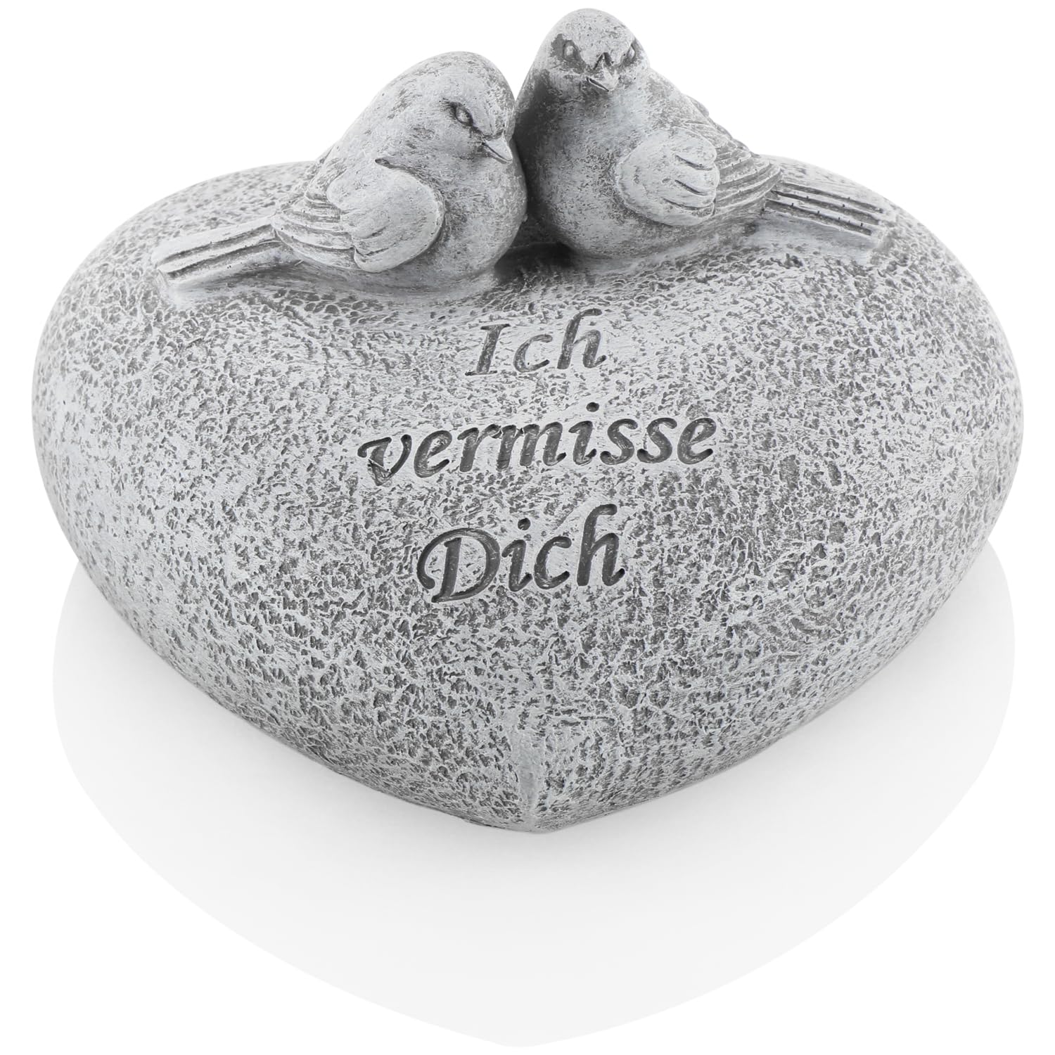 com-four® Grabdekoration Herz, herzförmiger Gedenkstein mit Vögeln und Inschrift, wetterfester Grabschmuck, Trauerstein mit Gedenkspruch